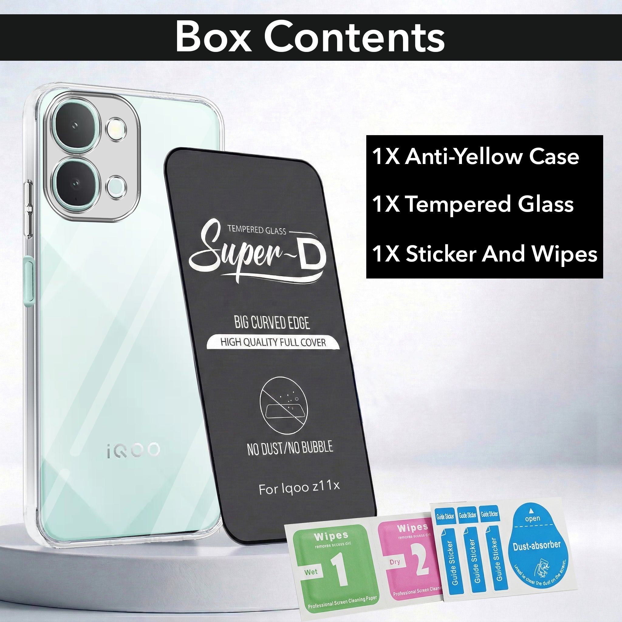 For Vivo iQOO Z11x 5G Combo with Back Cover and 9H Tempered Glass (Lifetime Anti-Yellow | Sleek Hard Crystal | Oleophobic Coating Screen Glass) (Copy)