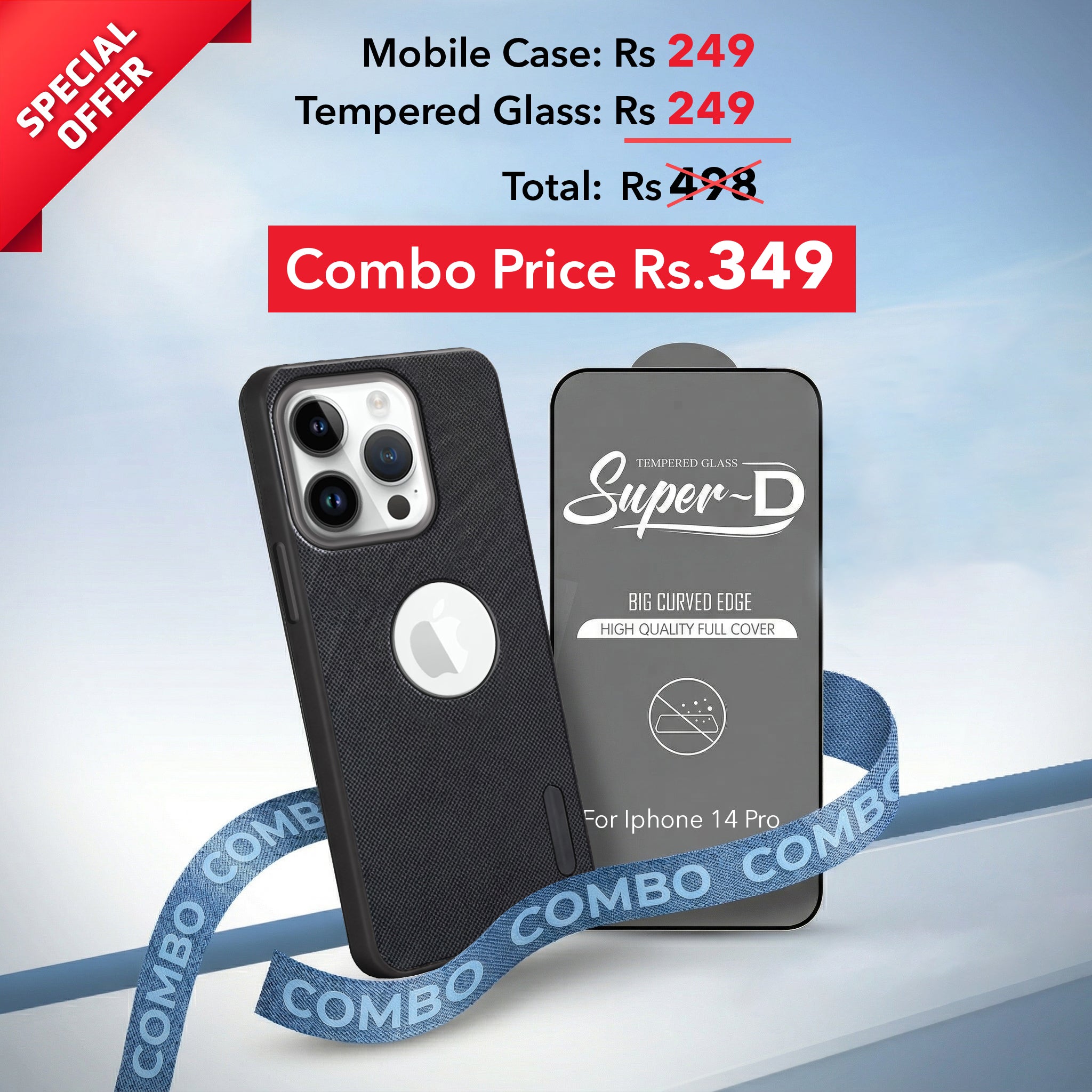 For Apple iPhone 14 Pro Combo with Back Cover and 9H Tempered Glass (Textured Grip Design | Micro-Fiber Cloth Inside | Oleophobic Coating Screen Glass)