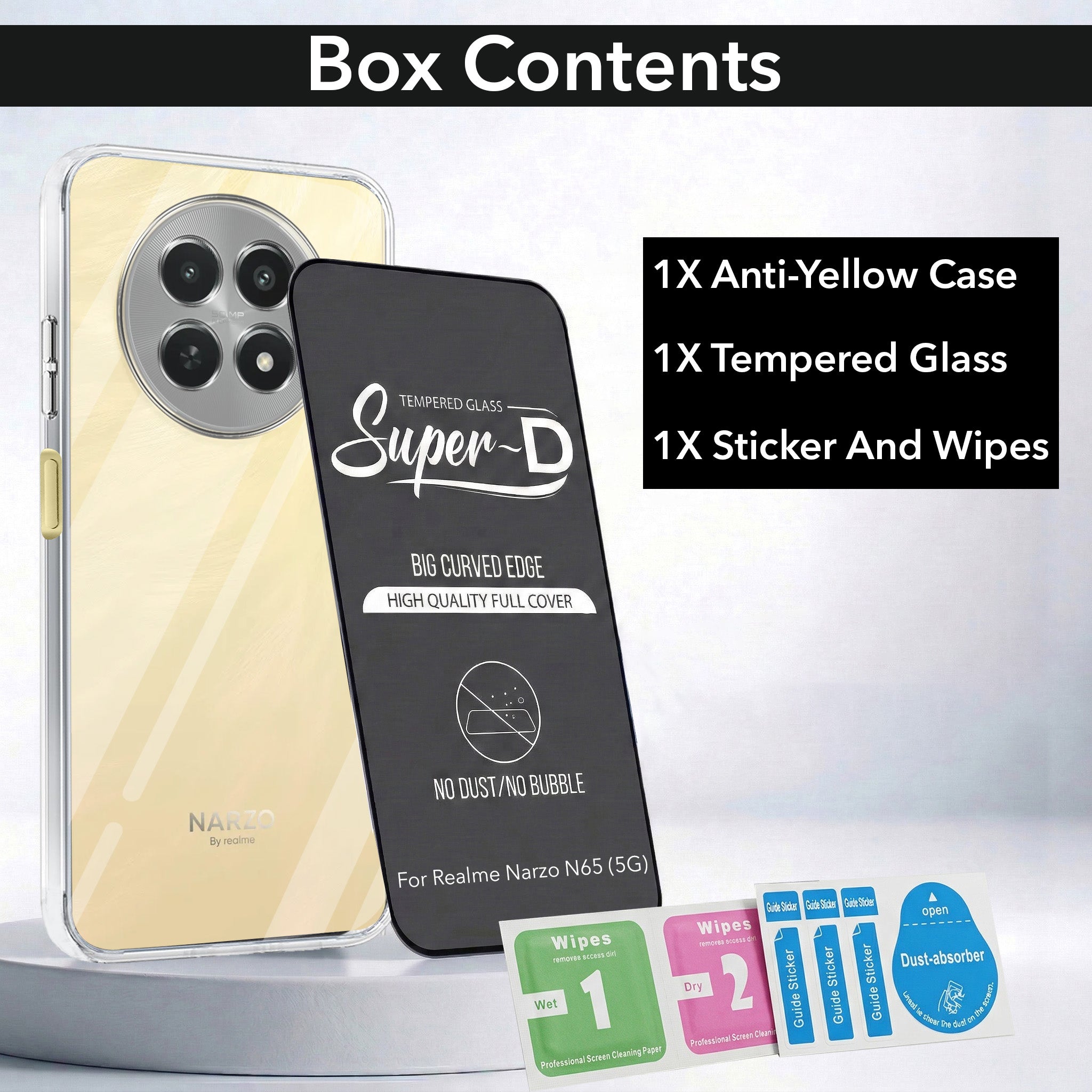 For Realme Narzo N65 5G Combo with Back Cover and 9H Tempered Glass (Lifetime Anti-Yellow | Sleek Hard Crystal | Oleophobic Coating Screen Glass)