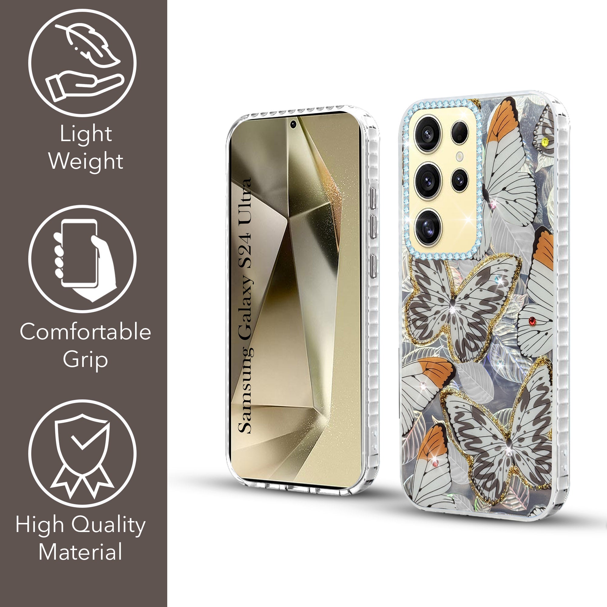 For Samsung Galaxy S24 Ultra Back Cover Case (Luxury Floral Glitter Cute Butterfly | Diamond Studded Camera Bump | Girls & Women Design)