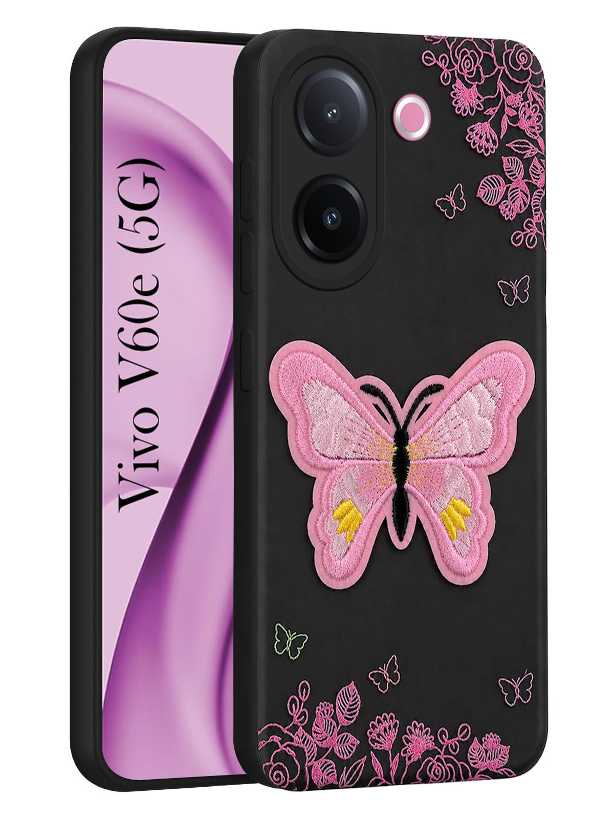 For Vivo V60e Back Cover Case (SoFt Butter Fly Embroidery | Women Teen Girls | Camera Protection| Matte Silicone)