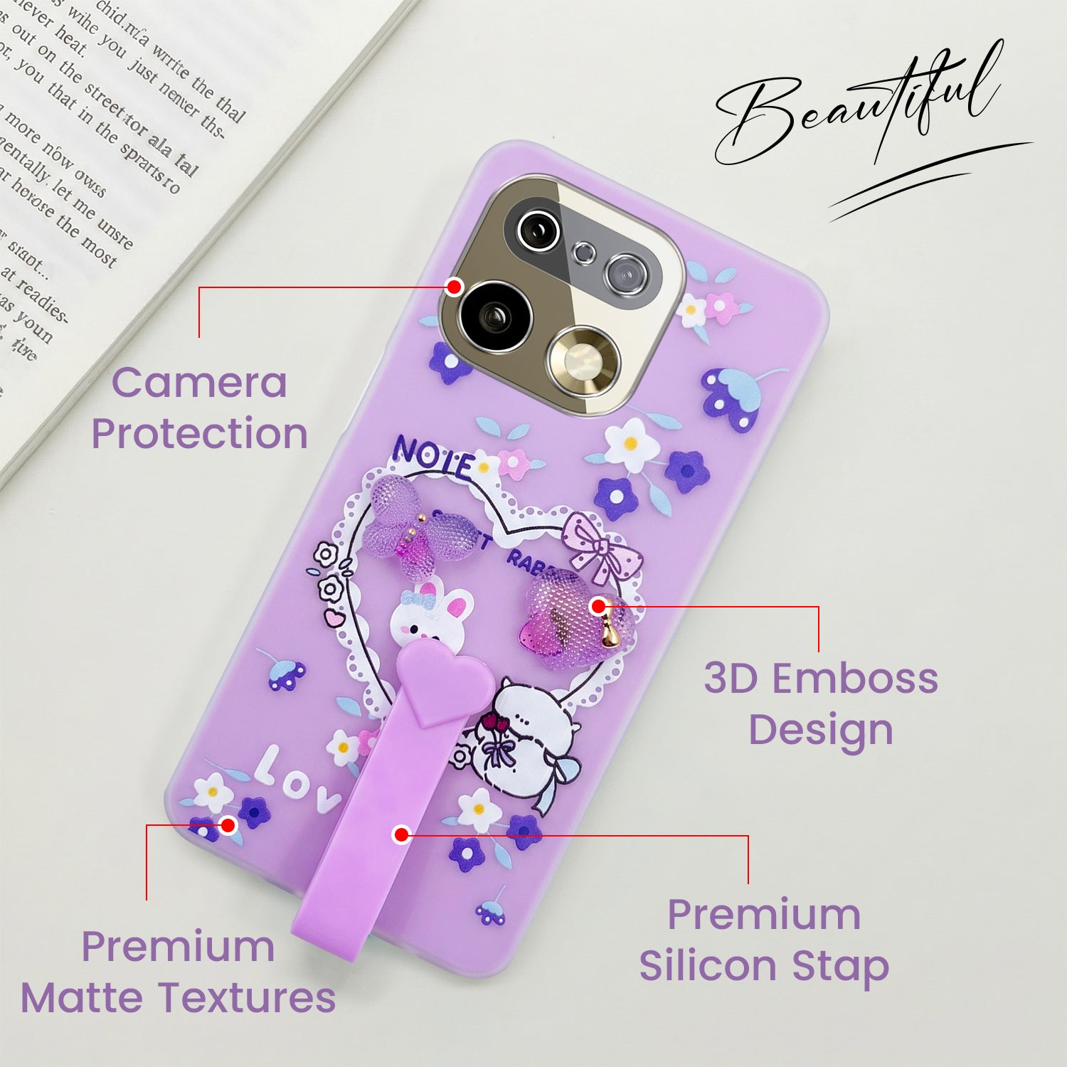 For Realme 16 Pro Plus 5G Back Cover Case (3D Cute Heart Strap Holder | Camera Protection | Designer Girls Print)