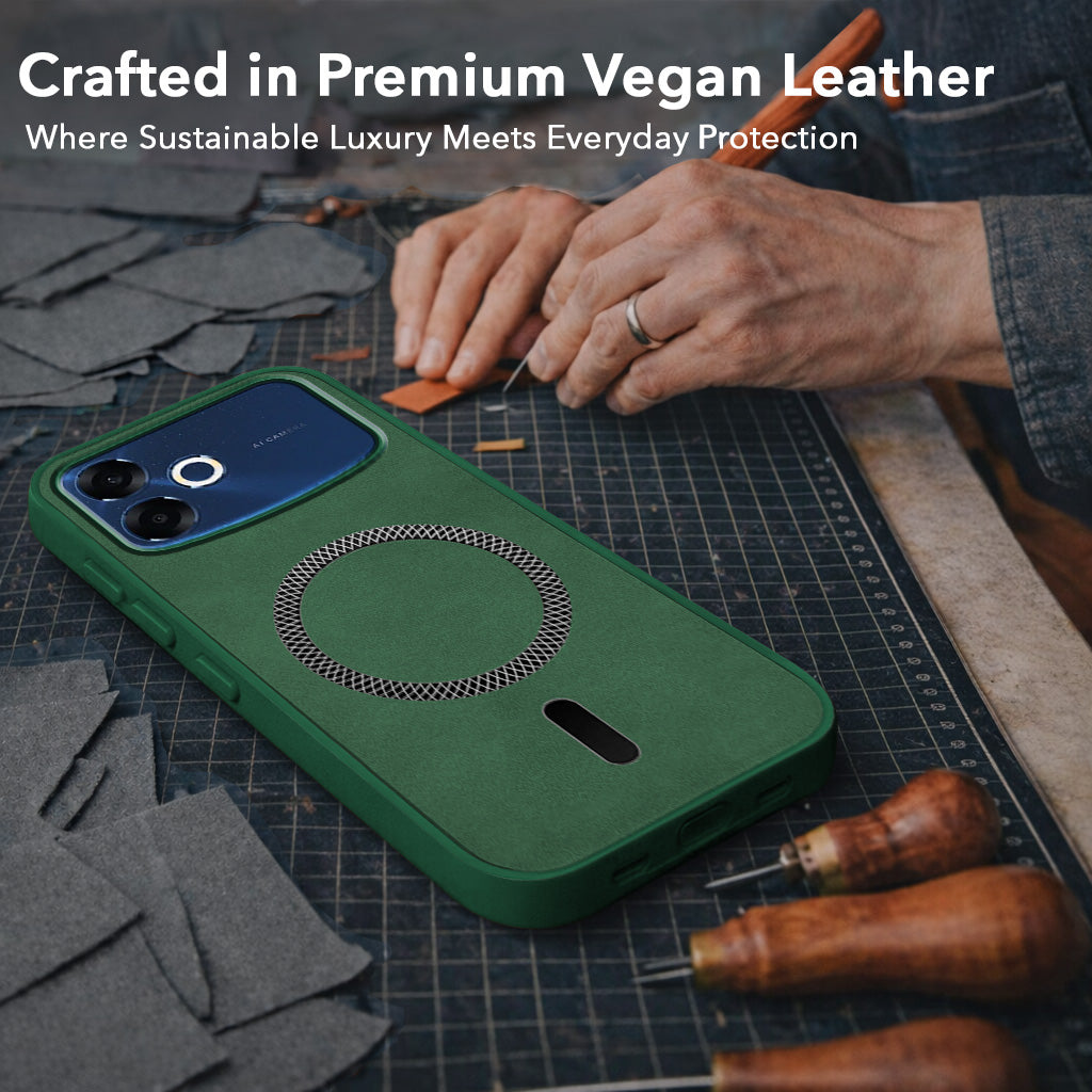 For Oppo F33 Pro 5G Back Cover Case Leather Finish (MagSafe Compatible Wireless Charging | Soft Touch | Camera Bump Protection)