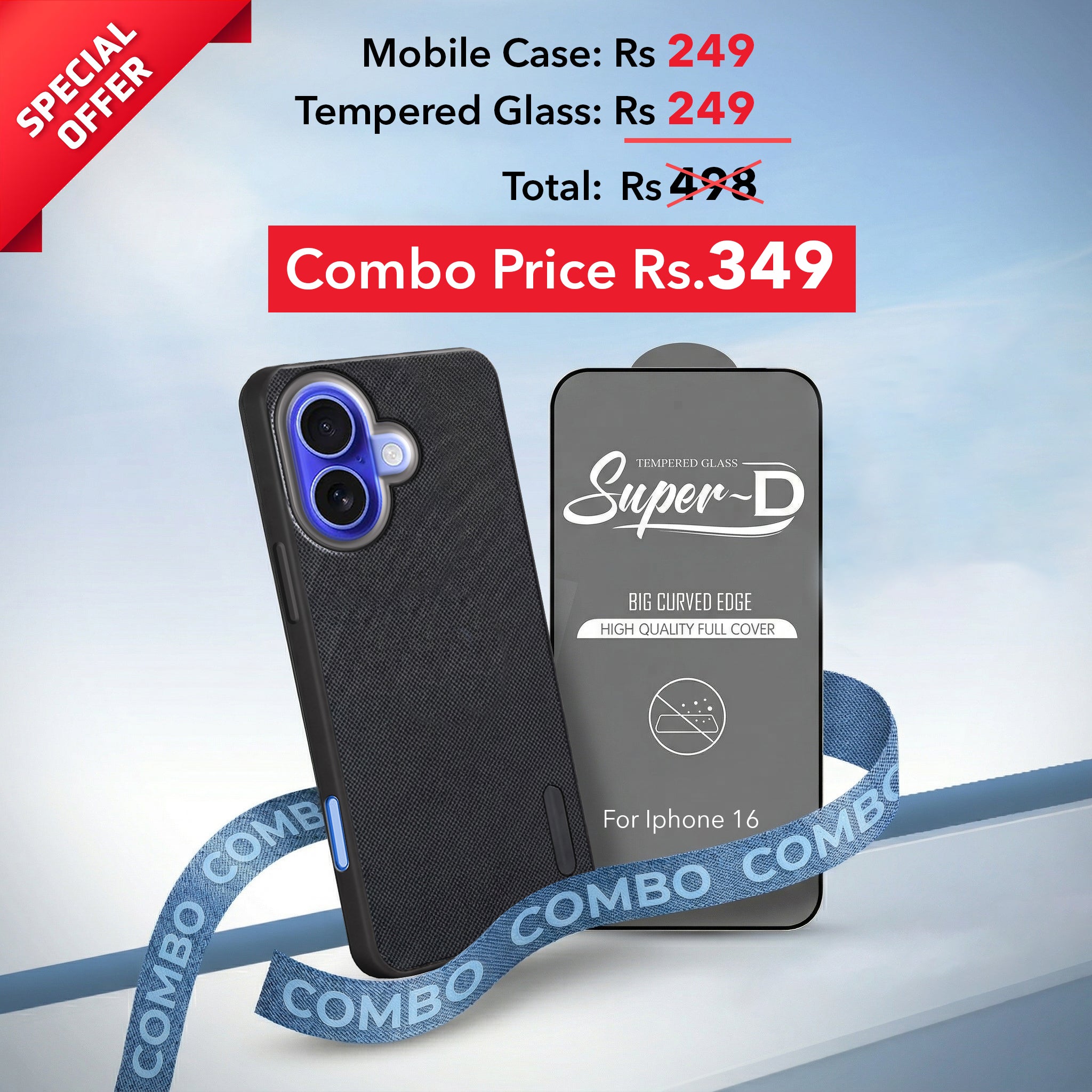 For Apple iPhone 16 Combo with Back Cover and 9H Tempered Glass (Textured Grip Design | Micro-Fiber Cloth Inside | Oleophobic Coating Screen Glass)