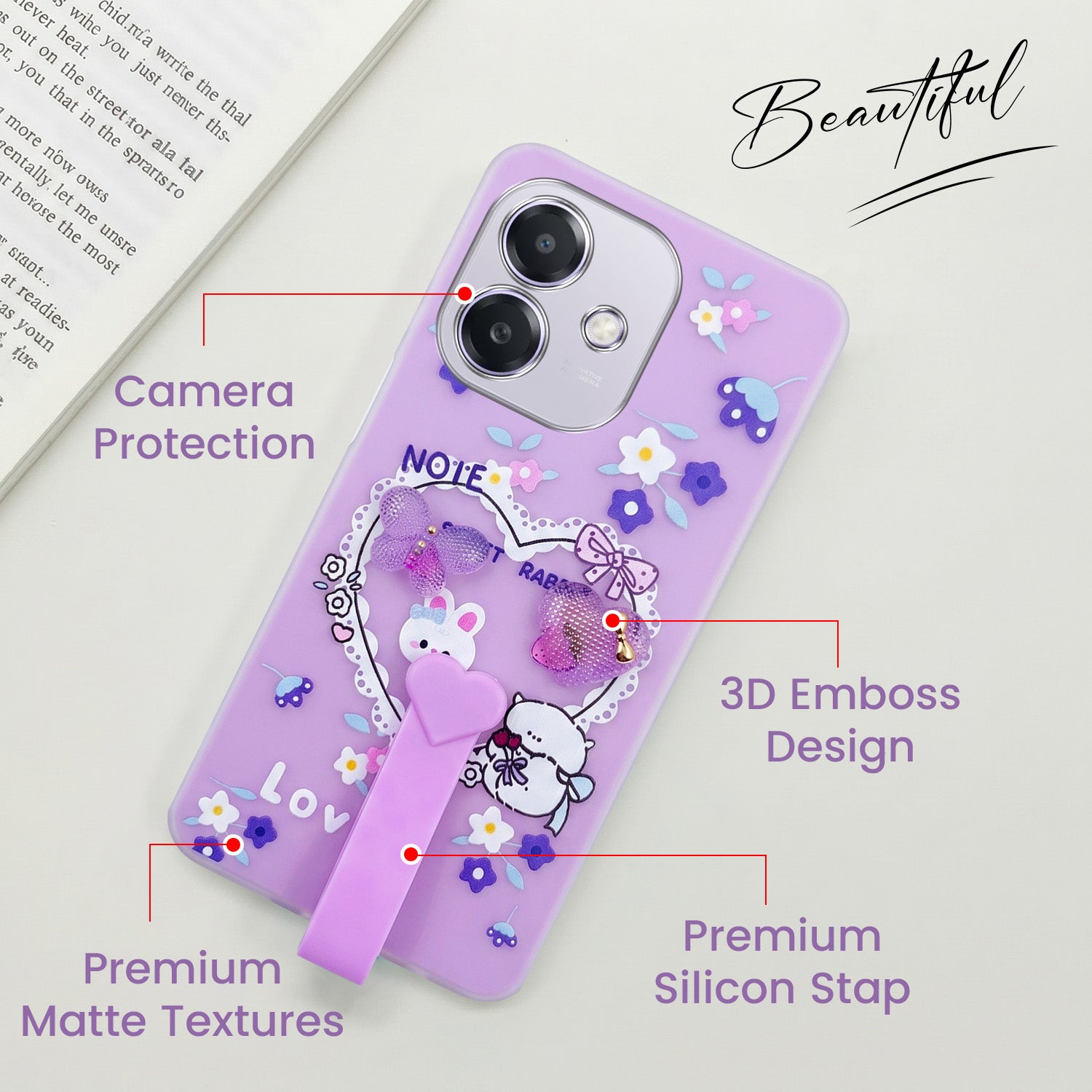 For Oppo A3X (4G/5G) | Oppo A3 5G Back Cover Case (3D Cute Heart Strap Holder | Camera Protection | Designer Girls Print)