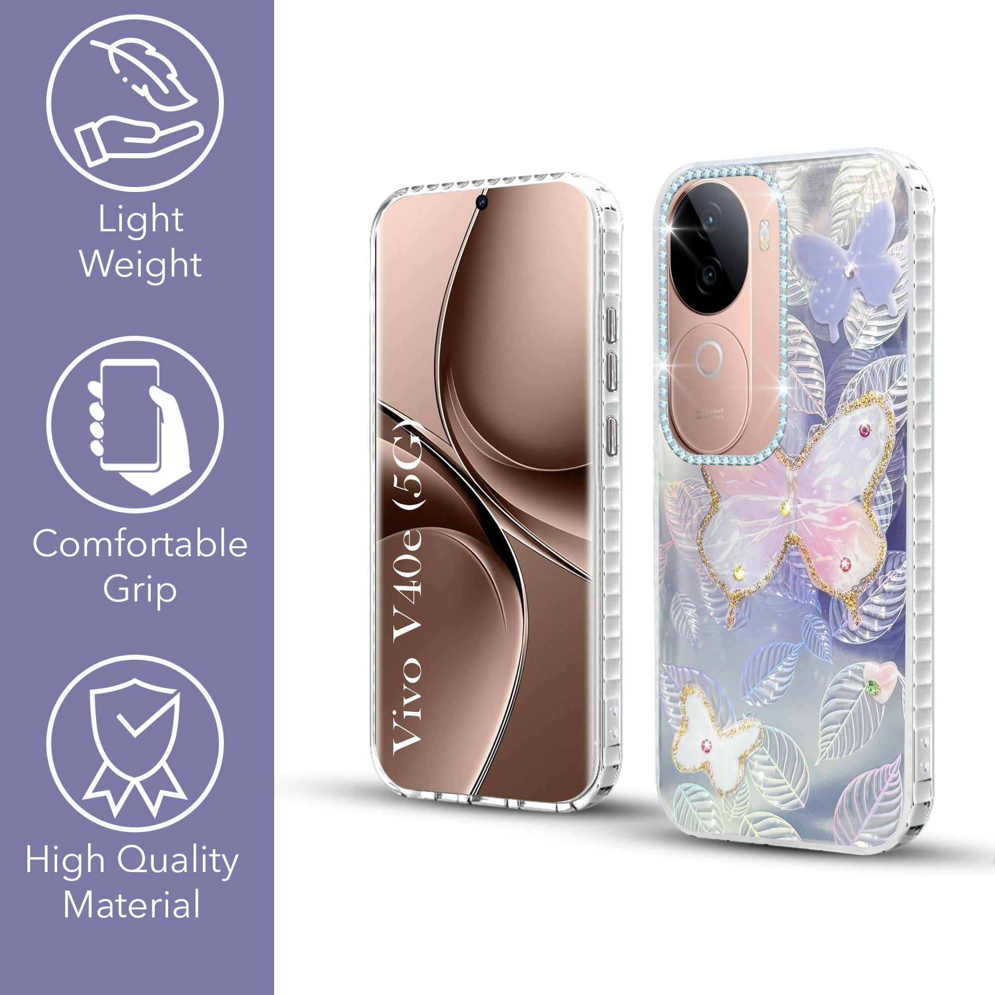 For Vivo V40e Back Cover Case (Luxury Floral Glitter Cute Butterfly | Diamond Studded Camera Bump | Girls & Women Design)