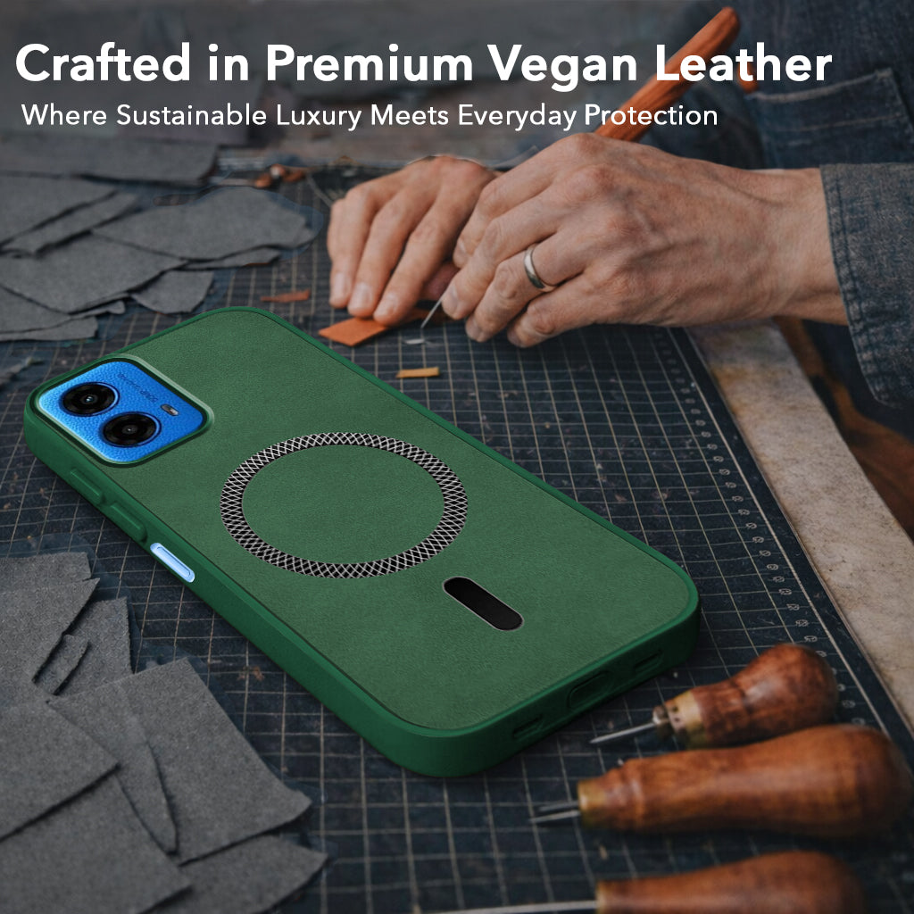For Motorola Moto G45 Back Cover Case Leather Finish (MagSafe Compatible Wireless Charging | Soft Touch | Camera Bump Protection)