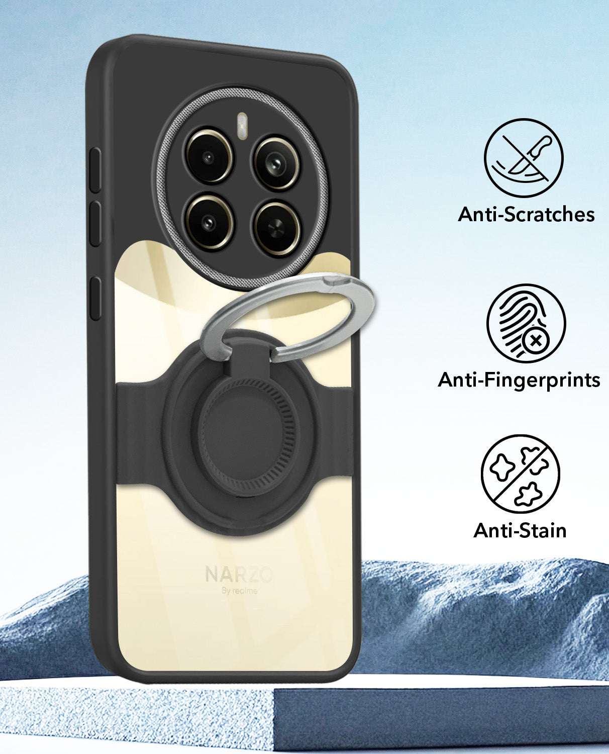 For Realme Narzo 70 Pro Back Cover Case with stand (Built-in Ring Holder Kickstand | Lifetime Anti Yellow | Camera Protection)