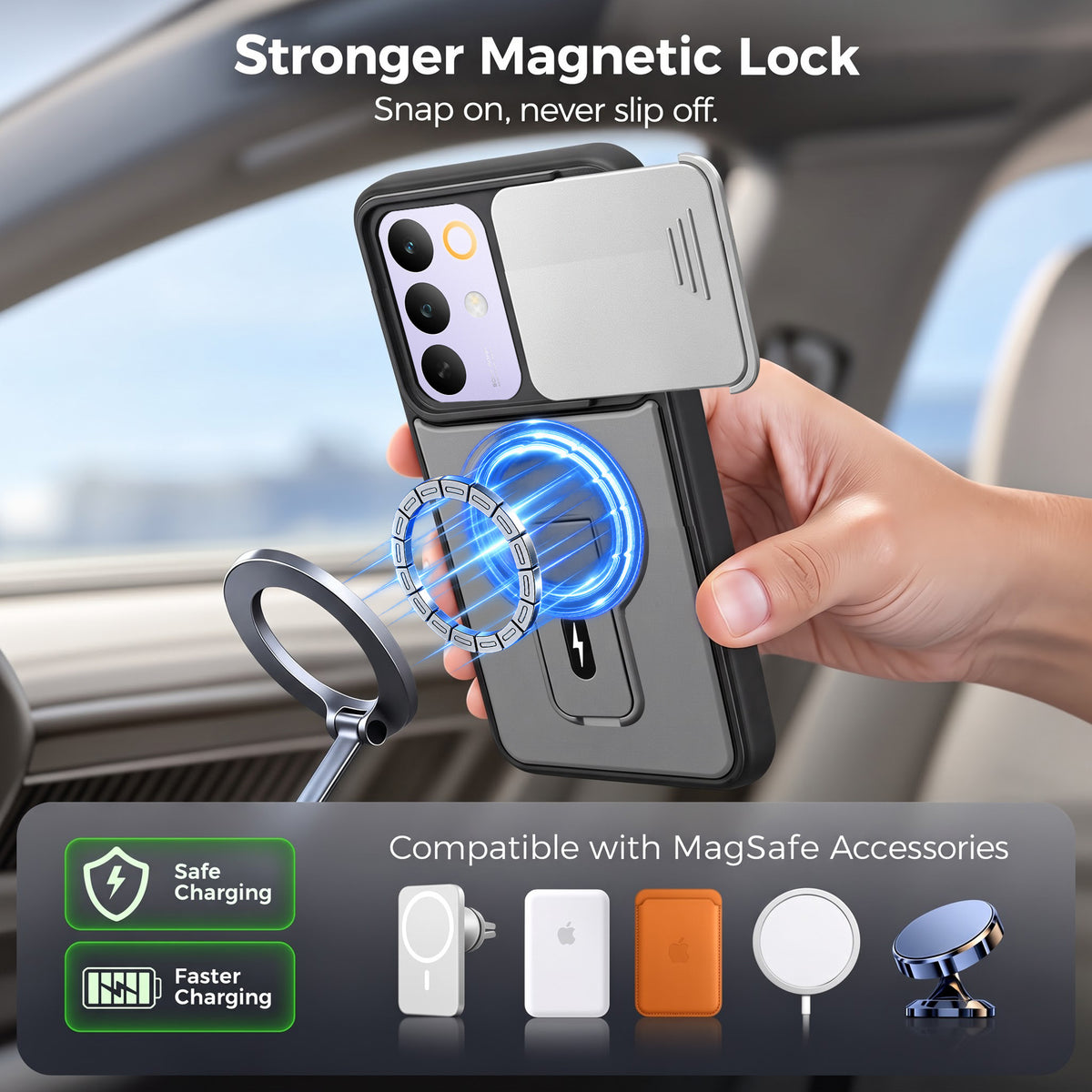 For Realme C85 5G | Realme Narzo 90x Back Case Cover Metallic (Hybrid Armor Kickstand | Sliding Shutter Camera Protection | MagSafe Compatible)