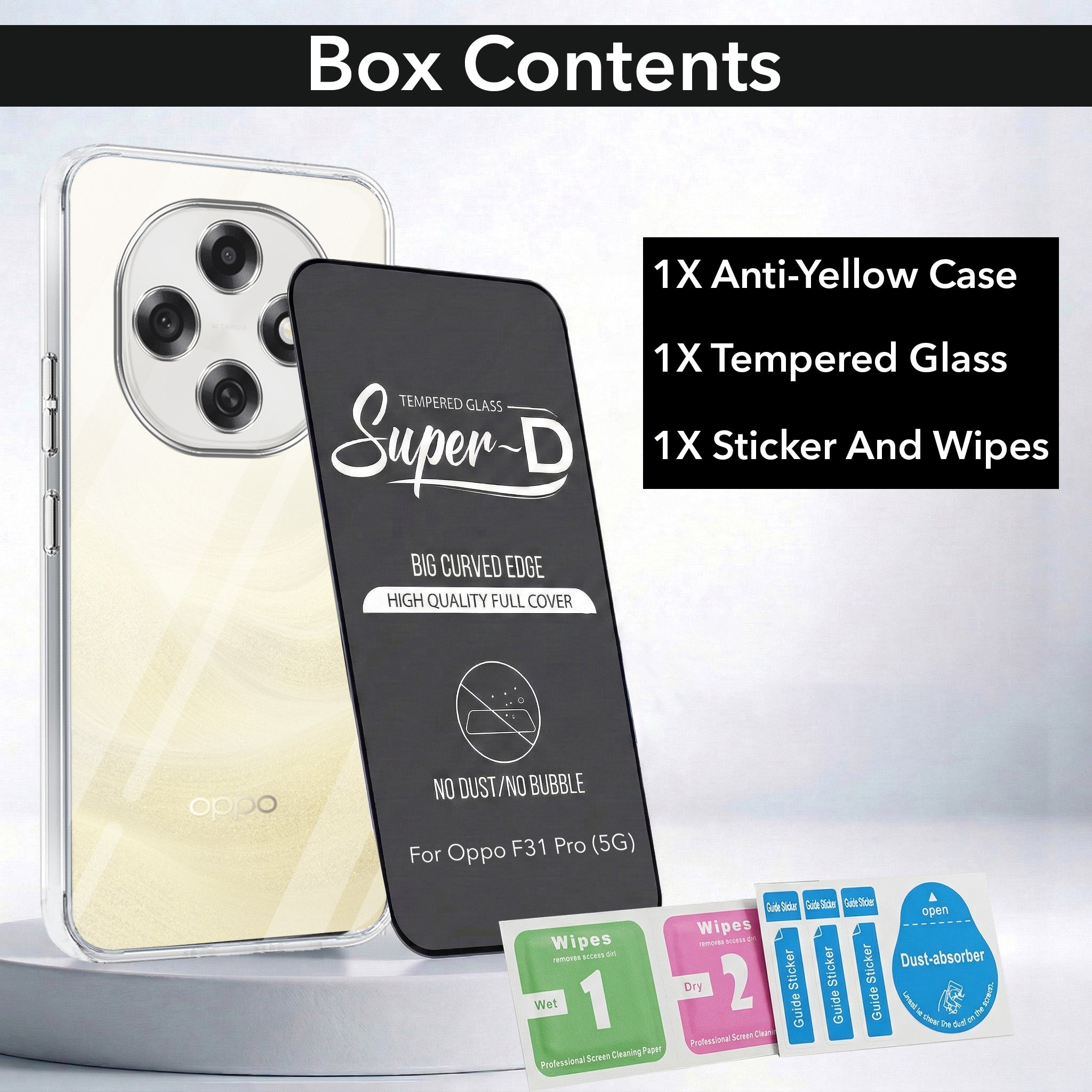 For Oppo F31 Pro Combo with Back Cover and 9H Tempered Glass (Lifetime Anti-Yellow | Sleek Hard Crystal | Oleophobic Coating Screen Glass)