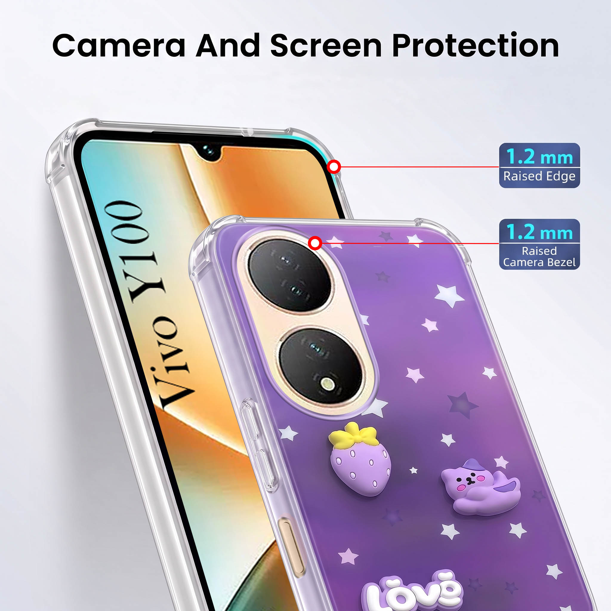 For Vivo Y100 Back Cover Case (3D Cute Cartoons | Hard Back Side Soft | Matte Premium Finish | HD Printing)