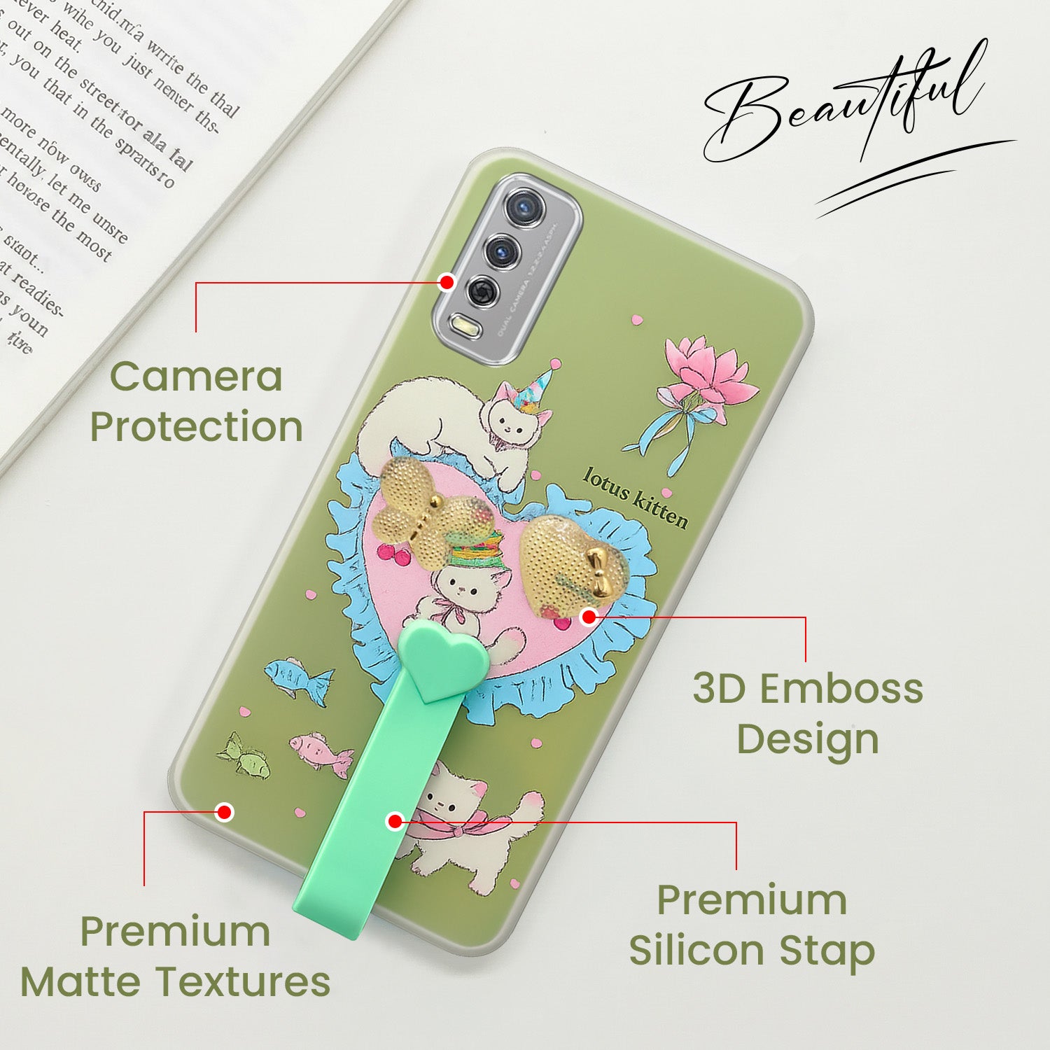 For Vivo Y12s | Y11s | Y12G Back Cover Case (3D Cute Heart Strap Holder | Camera Protection | Designer Girls Print)