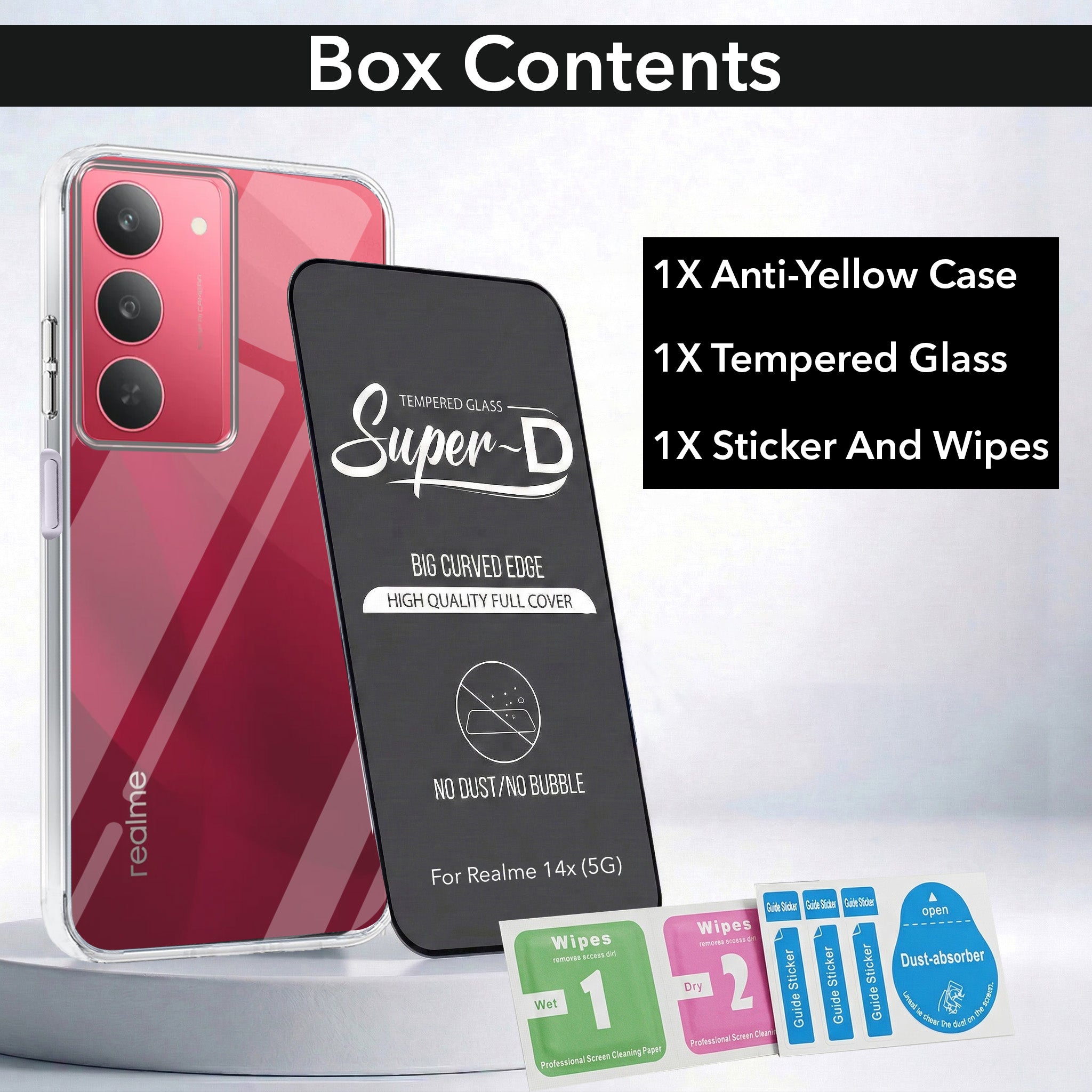 For Realme 14X Combo with Back Cover and 9H Tempered Glass (Lifetime Anti-Yellow | Sleek Hard Crystal | Oleophobic Coating Screen Glass)