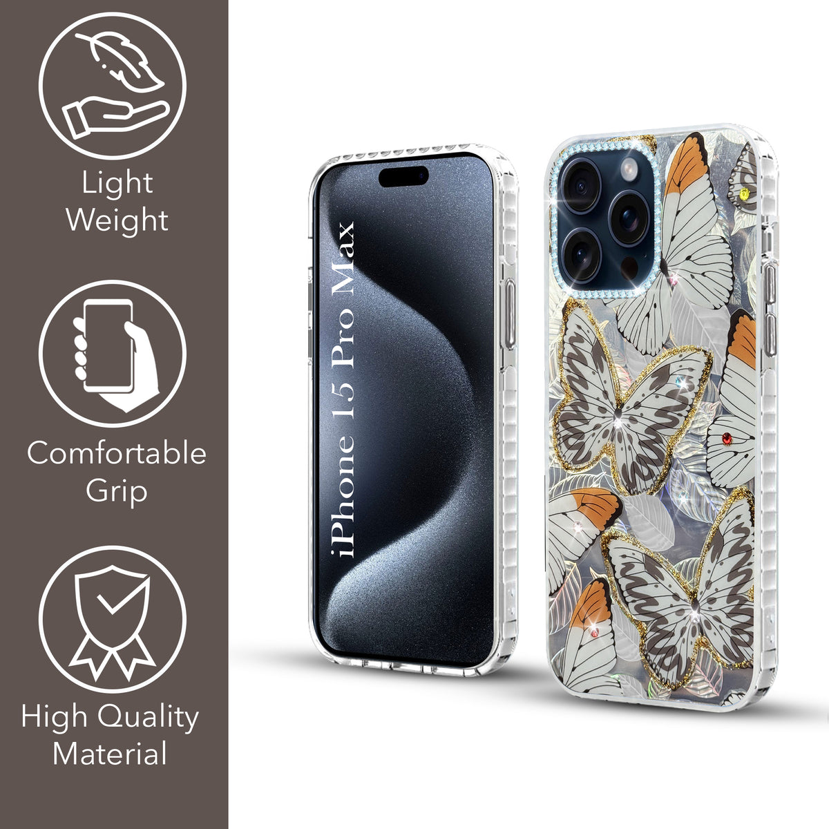 For Apple iPhone 15 Pro Max Back Cover Case (Luxury Floral Glitter Cute Butterfly | Diamond Studded Camera Bump | Girls & Women Design)