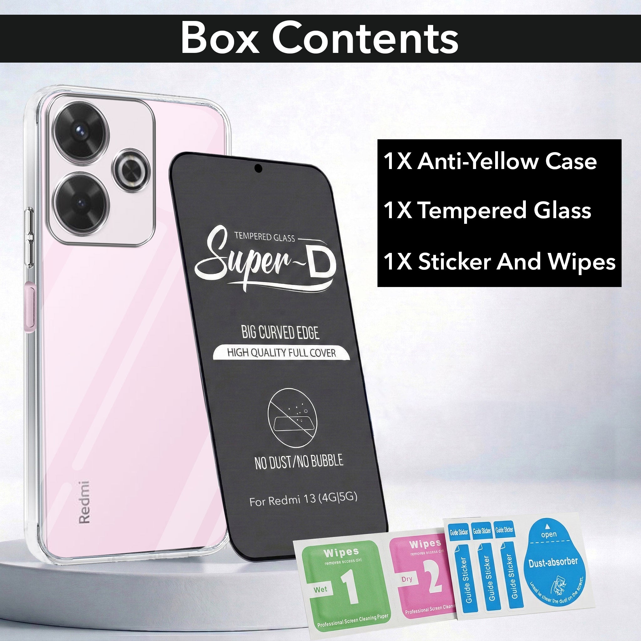 For Xiaomi Mi Redmi 13 4G | 5G Combo with Back Cover and 9H Tempered Glass (Lifetime Anti-Yellow | Sleek Hard Crystal | Oleophobic Coating Screen Glass)