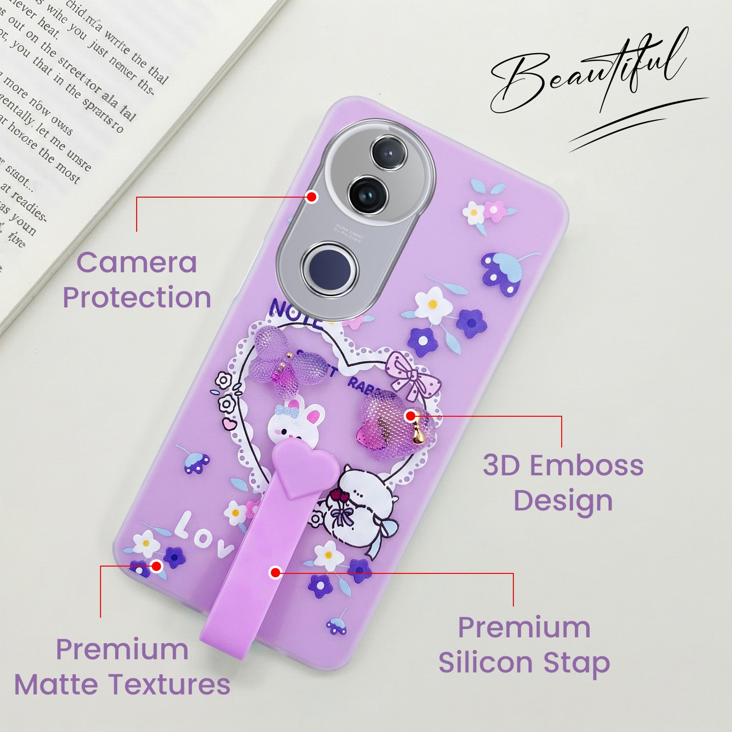 For Vivo T4R  Back Cover Case (3D Cute Heart Strap Holder | Camera Protection | Designer Girls Print)