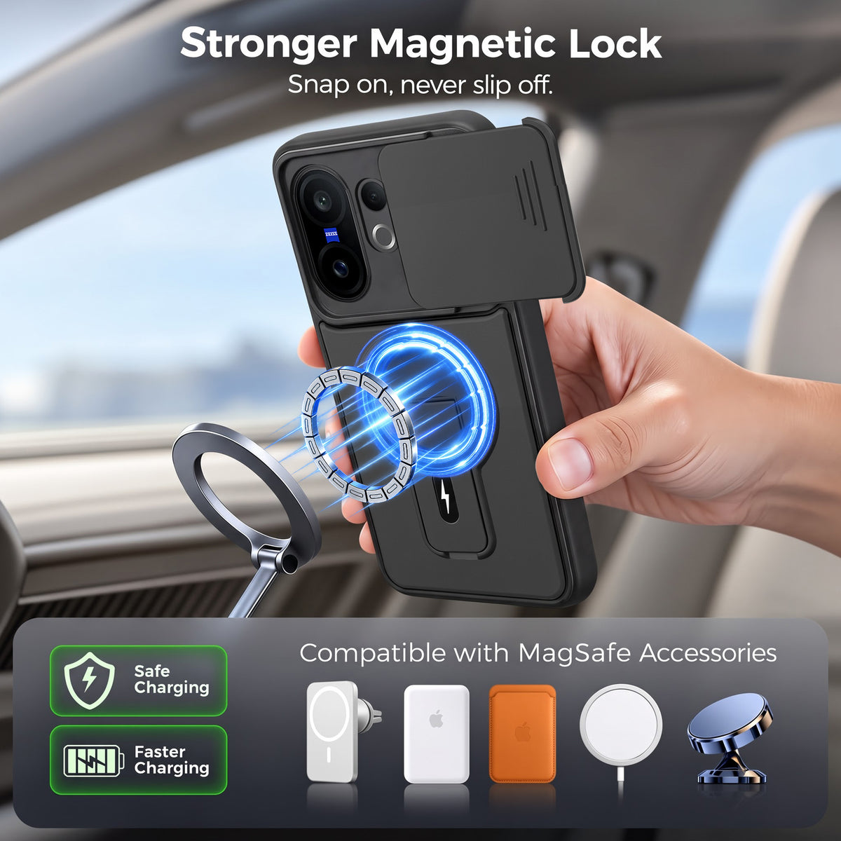 For Vivo X200 FE Back Case Cover Metallic (Hybrid Armor Kickstand | Sliding Shutter Camera Protection | MagSafe Compatible)