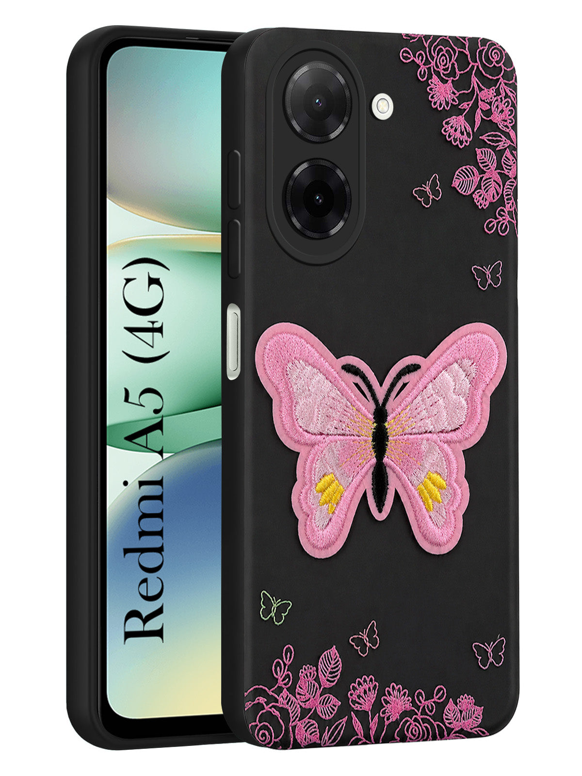 For Redmi A5 4G Back Cover Case (Soft Butterfly Embroidery | Women Teen Girls | Camera Protection| Matte Silicone)