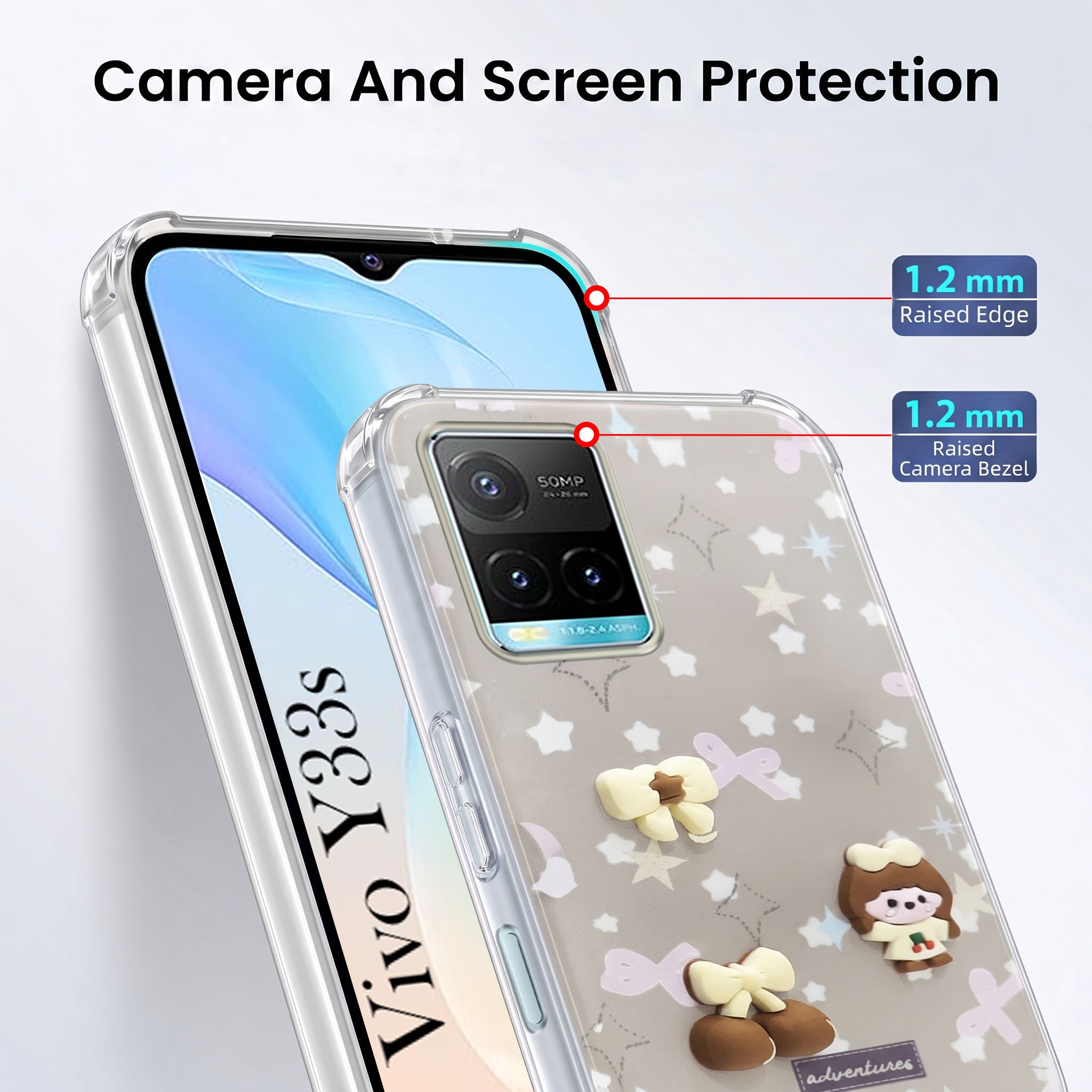For Vivo Y33s Back Cover Case (3D Cute Cartoons | Hard Back Side Soft | Matte Premium Finish | HD Printing)