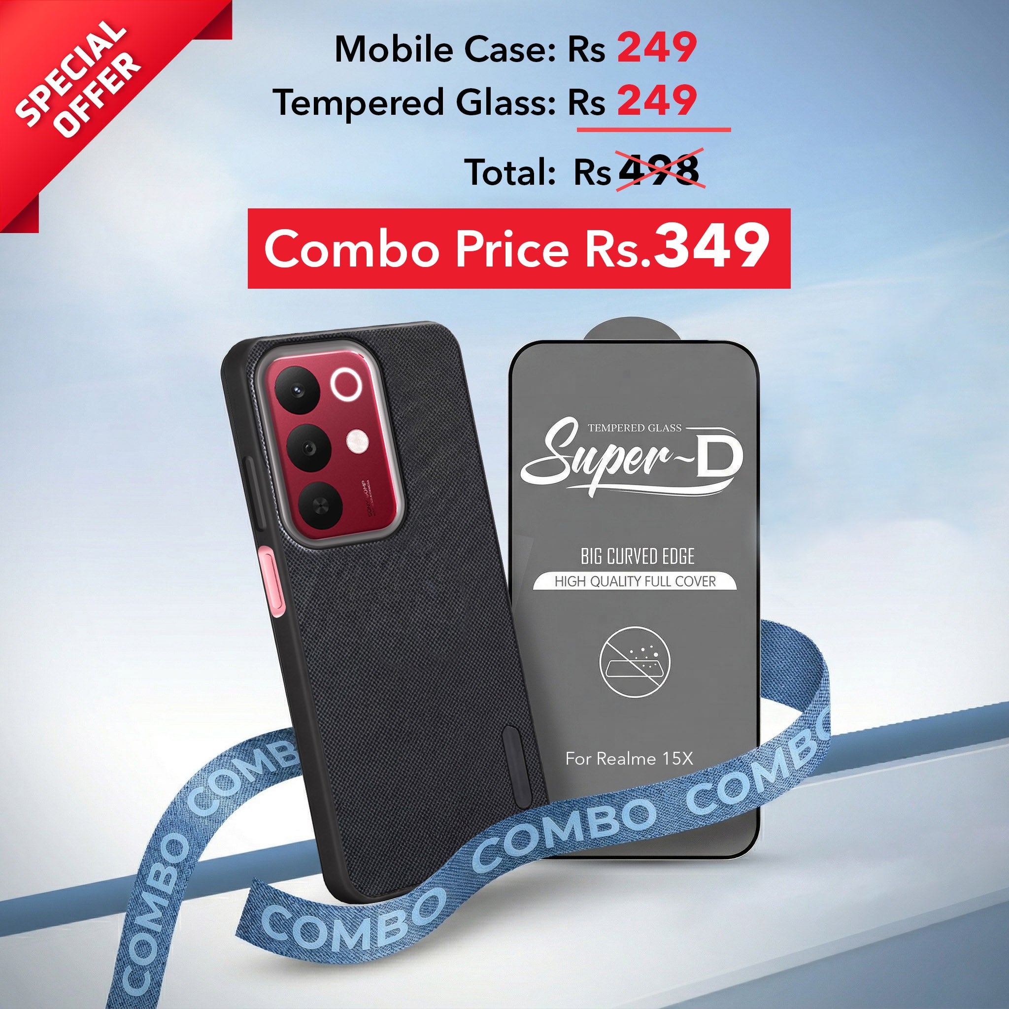 For Realme 15X Combo with Back Cover and 9H Tempered Glass (Textured Grip Design | Micro-Fiber Cloth Inside | Oleophobic Coating Screen Glass)