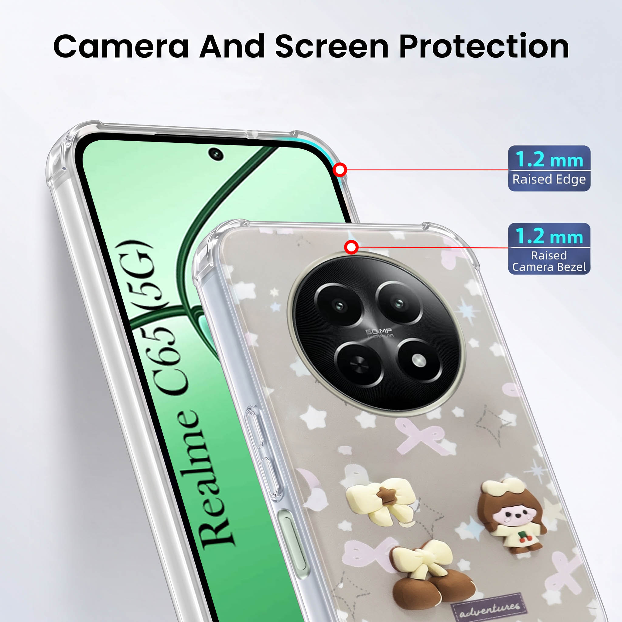 For Realme C65 5G Back Cover Case (3D Cute Cartoons | Hard Back Side Soft | Matte Premium Finish | HD Printing)