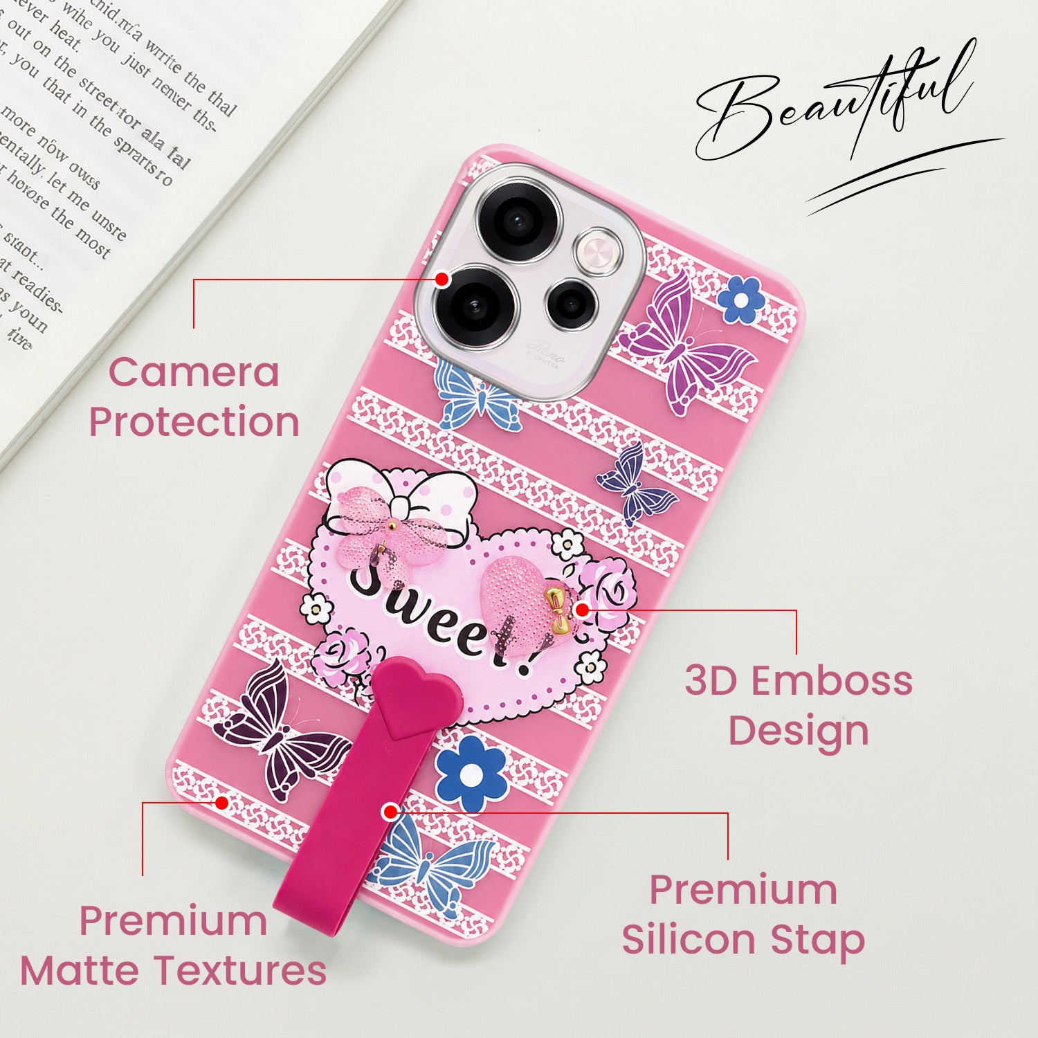 For Oppo Reno 15c Back Cover Case (3D Cute Heart Strap Holder | Camera Protection | Designer Girls Print)