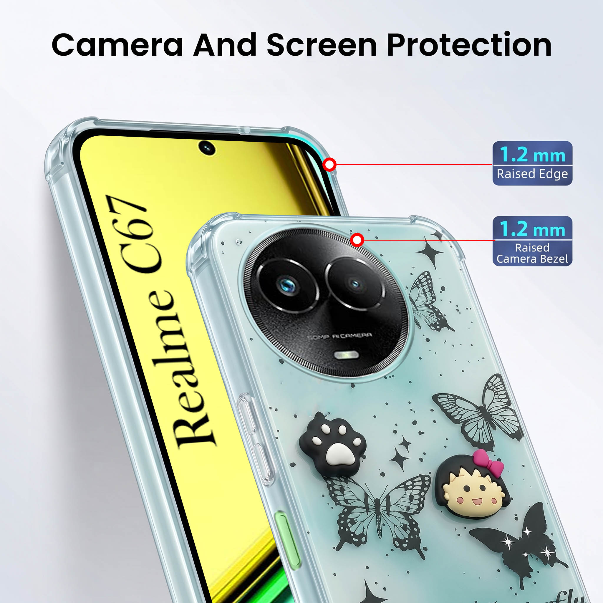 For Realme C67 Back Cover Case (3D Cute Cartoons | Hard Back Side Soft | Matte Premium Finish | HD Printing)
