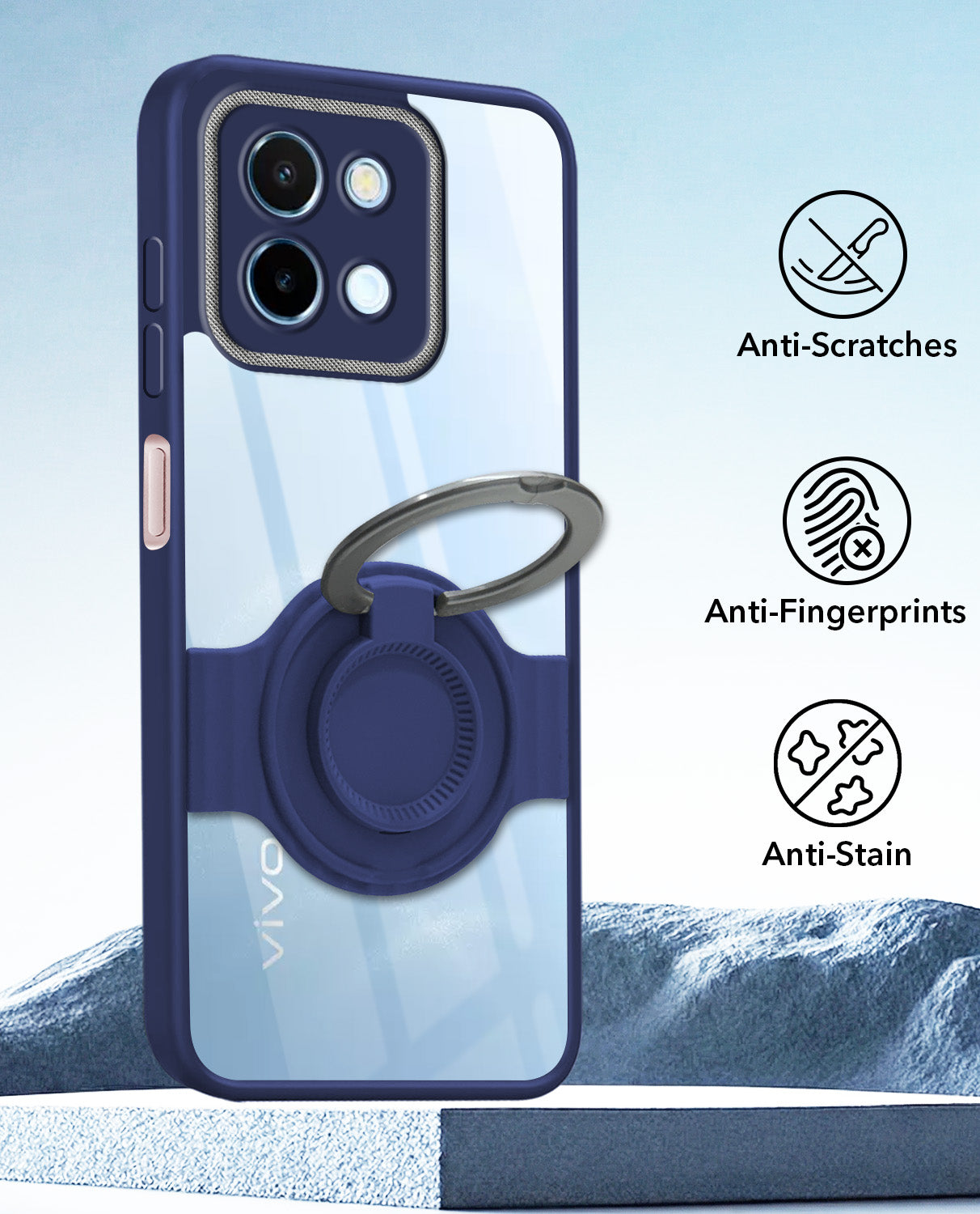 For Vivo Y58 5G Back Cover Case with stand (Built-in Ring Holder Kickstand | Lifetime Anti Yellow | Camera Protection)