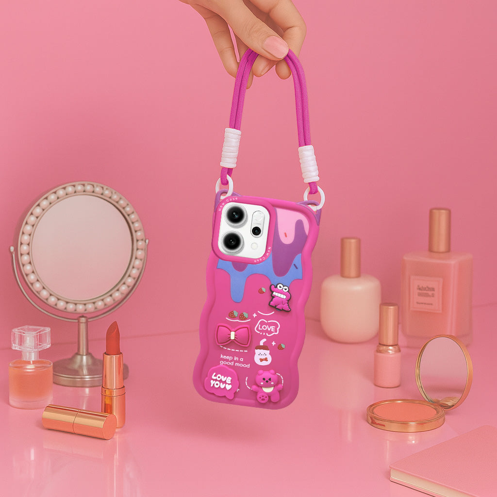 For Oppo Reno14 5G | Oppo Reno 14 5G Back Case Cover Strap (3D embossed Figures | Strap Holder | 360* Soft Cushion with Camera Bump)