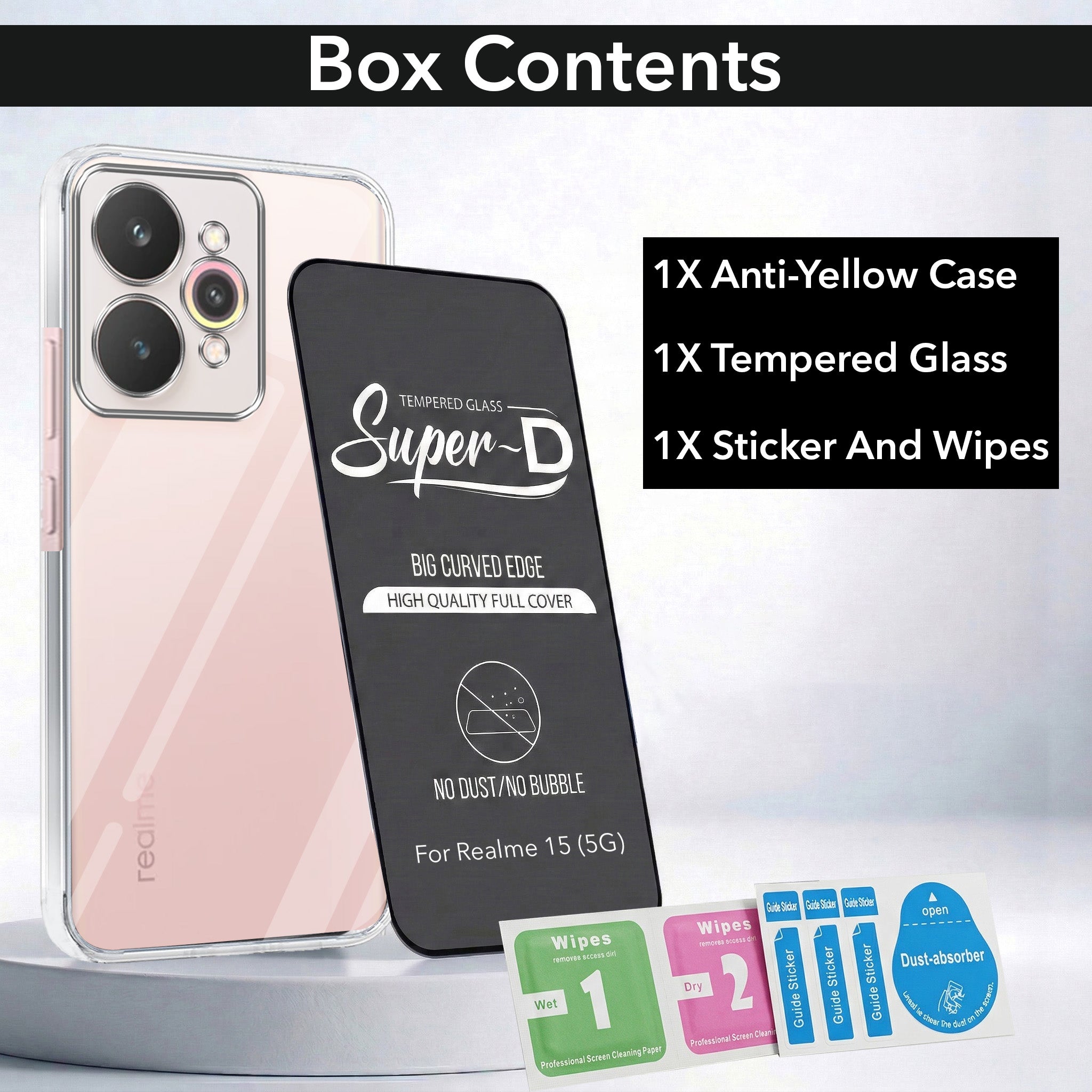 For Realme 15 Combo with Back Cover and 9H Tempered Glass (Lifetime Anti-Yellow | Sleek Hard Crystal | Oleophobic Coating Screen Glass)