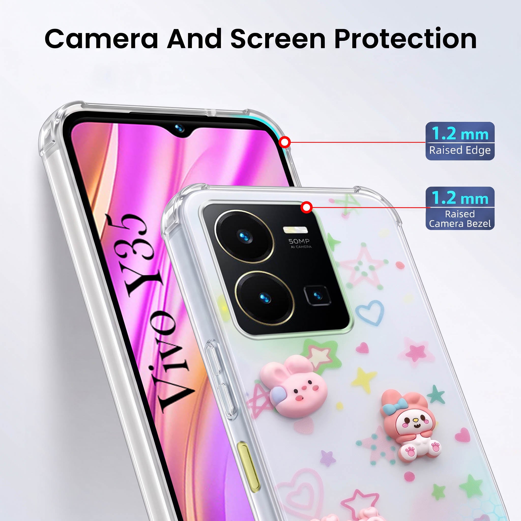 For Vivo Y35 Back Cover Case (3D Cute Cartoons | Hard Back Side Soft | Matte Premium Finish | HD Printing)