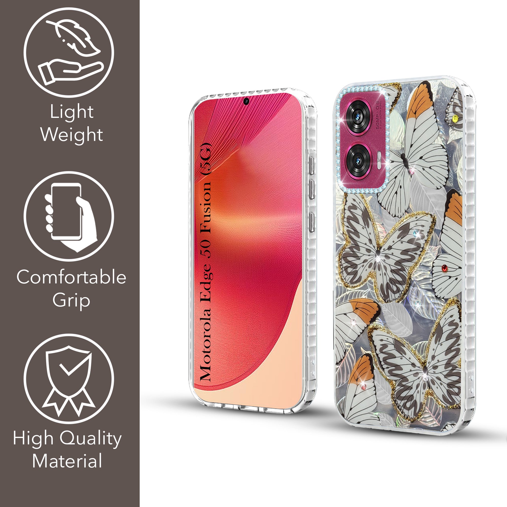 For Motorola Moto Edge 50 Fusion Back Cover Case (Luxury Floral Glitter Cute Butterfly | Diamond Studded Camera Bump | Girls & Women Design)