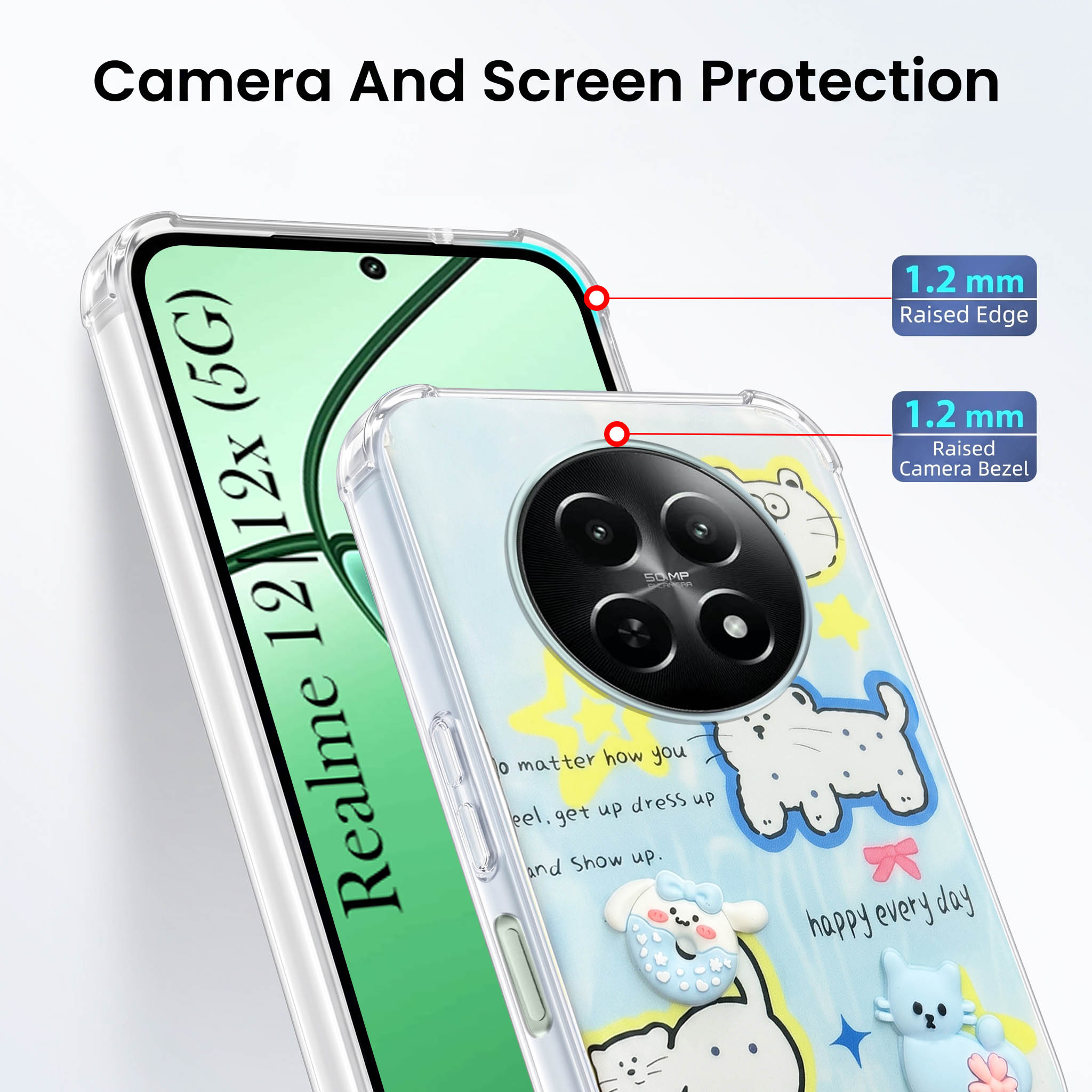 For Realme 12 | Realme 12X Back Cover Case (3D Cute Cartoons | Hard Back Side Soft | Matte Premium Finish | HD Printing)