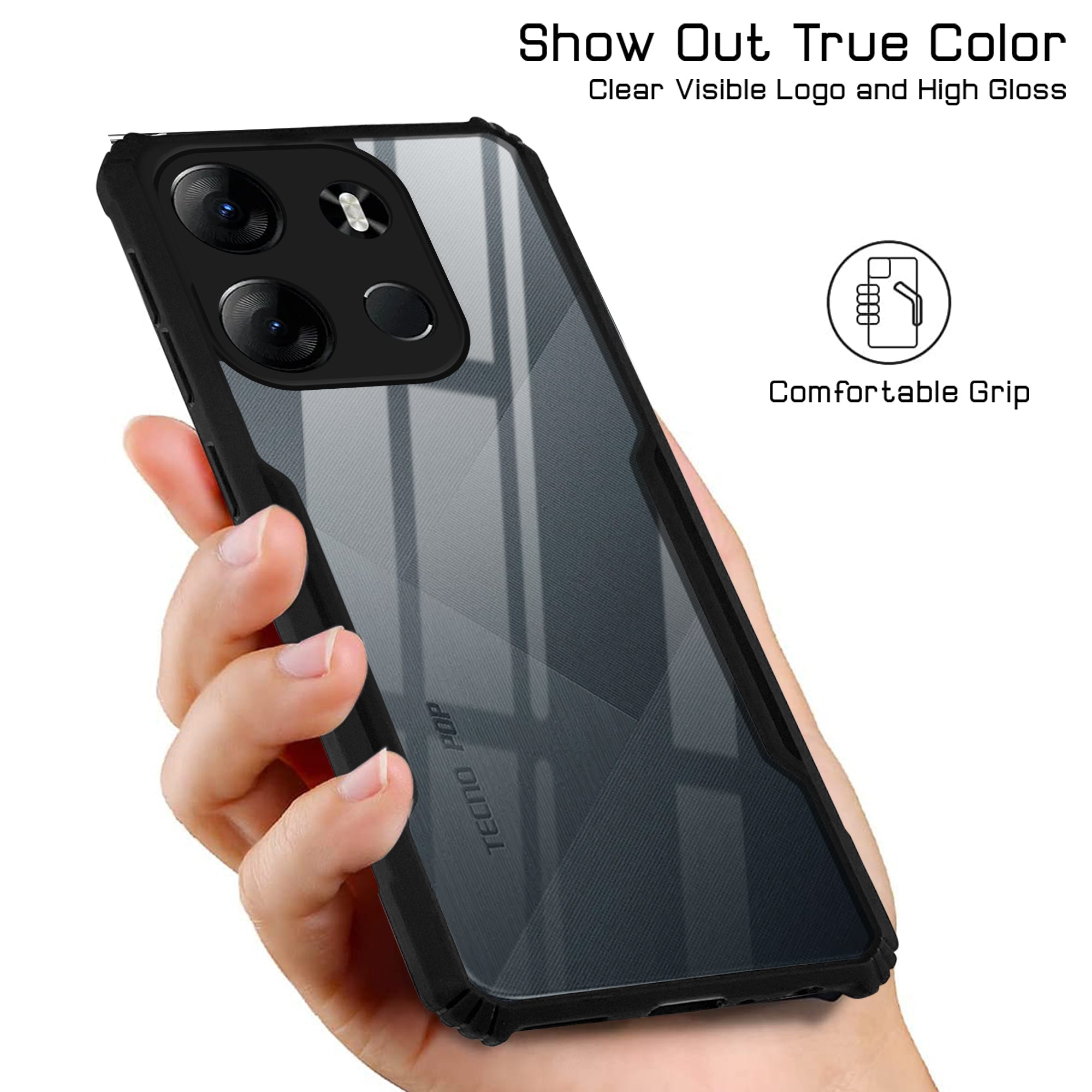 For Tecno Pop 7 Pro Back Cover Case ( Shockproof with Polycarbonate Clear Panel | Professional Black)