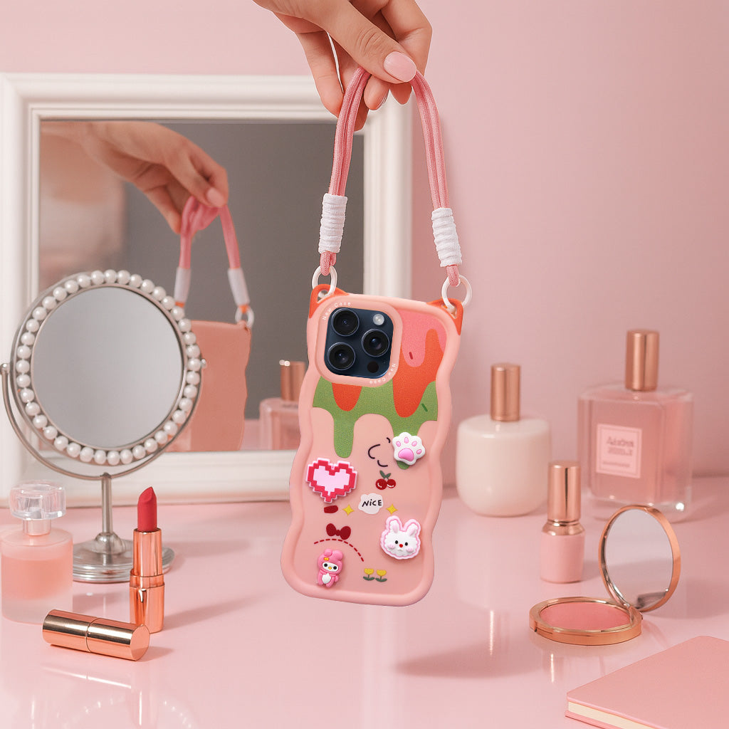 For Apple iPhone 15 Pro Back Case Cover Strap(3D Embossed Figures | Strap Holder | 360* Soft Cushion with Camera Bump)