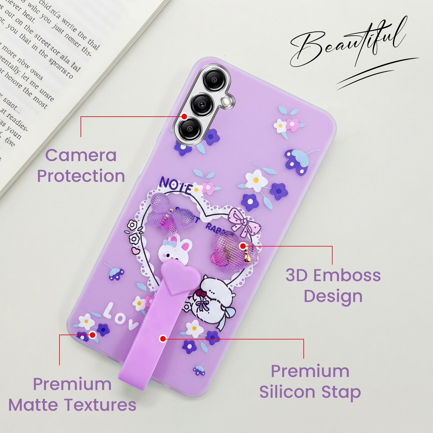 For Samsung Galaxy A14 4G | 5G Back Cover Case (3D Cute Heart Strap Holder | Camera Protection | Designer Girls Print)