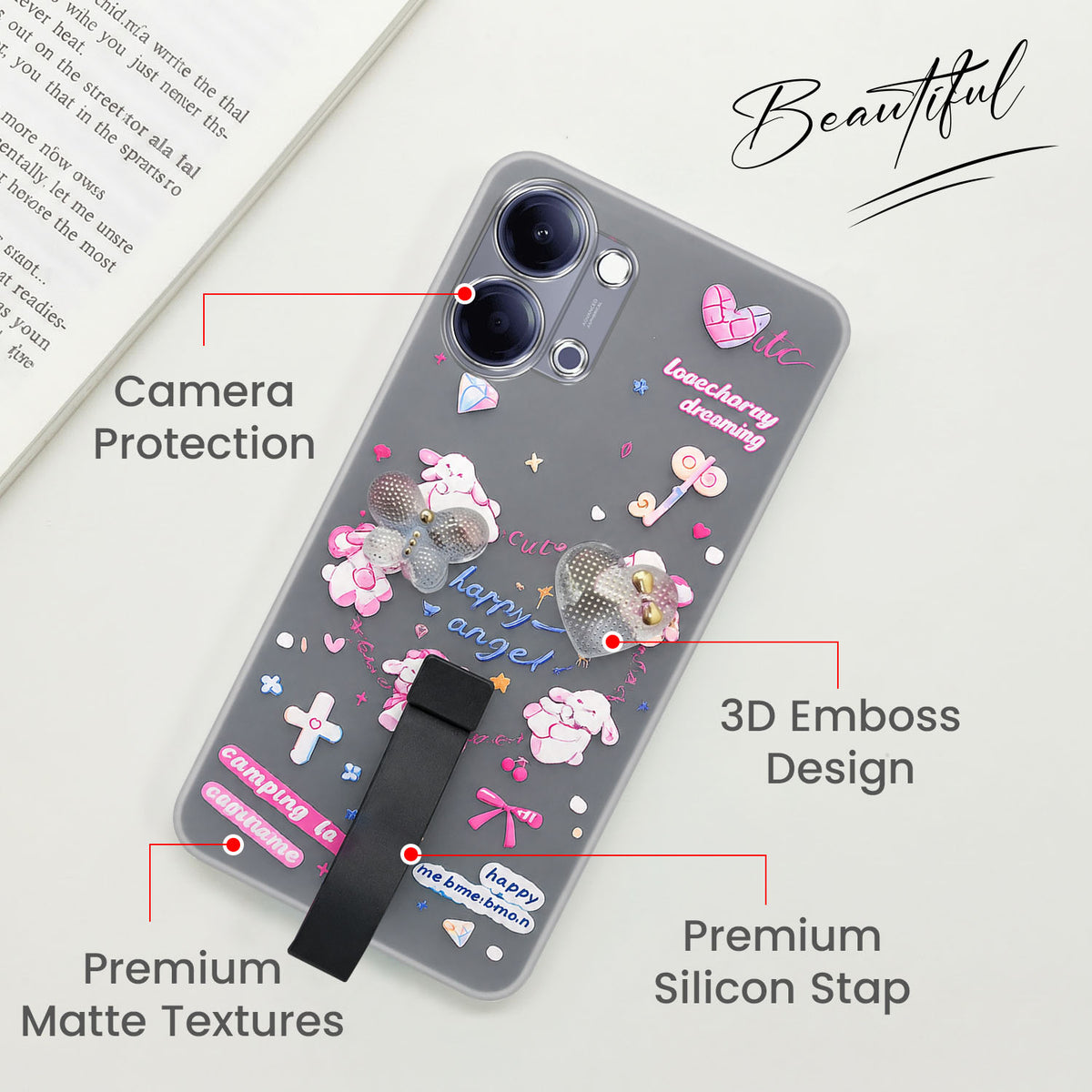 For Vivo Y05 (4G) | Vivo T5 Lite (5G) Back Cover Case (3D Cute Heart Strap Holder | Camera Protection | Designer Girls Print)
