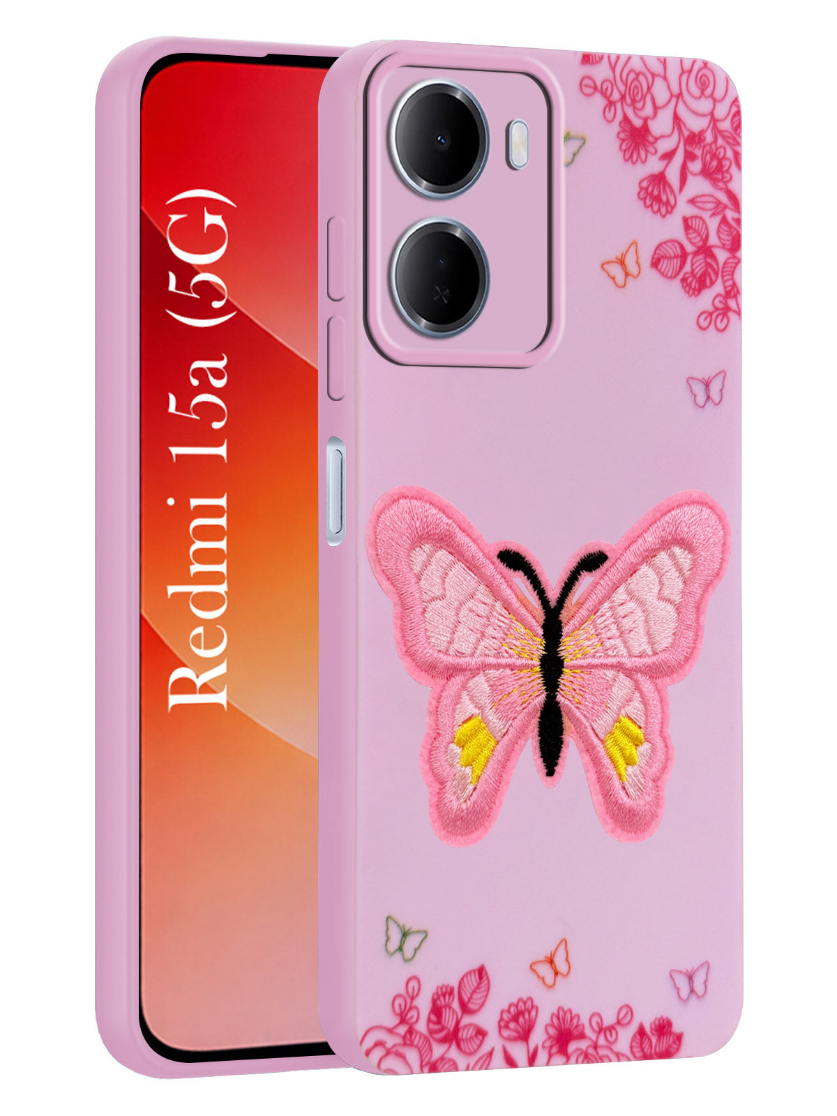 For Redmi 15A 5G Back Cover Case (Soft Butterfly Embroidery | Women Teen Girls | Camera Protection| Matte Silicone)