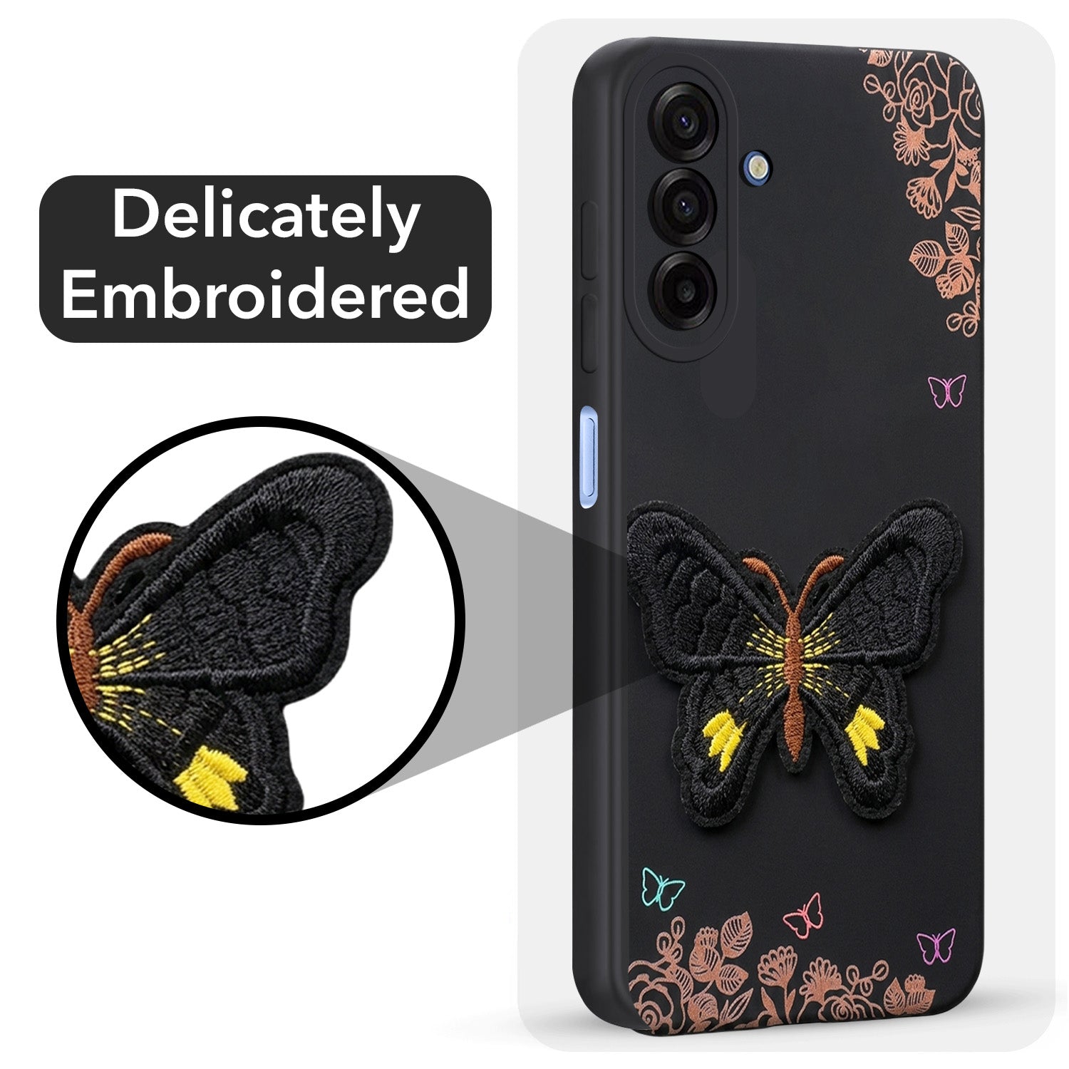 For Samsung Galaxy A17 | Samsung F17 | Samsung M17 5G Back Cover Case (Soft Butterfly Embroidery | Women Teen Girls | Camera Protection| Matte Silicone)