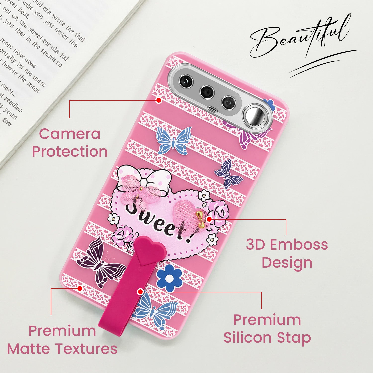 For Realme 16 Back Cover Case (3D Cute Heart Strap Holder | Camera Protection | Designer Girls Print)