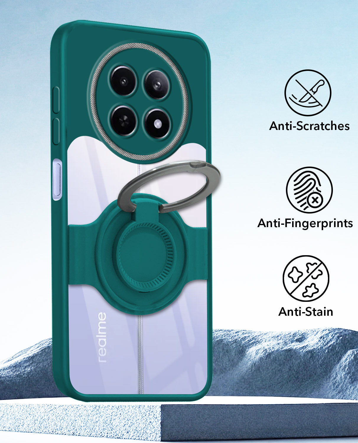 For Realme 12 | Realme 12X Back Cover Case with stand (Built-in Ring Holder Kickstand | Lifetime Anti Yellow | Camera Protection)