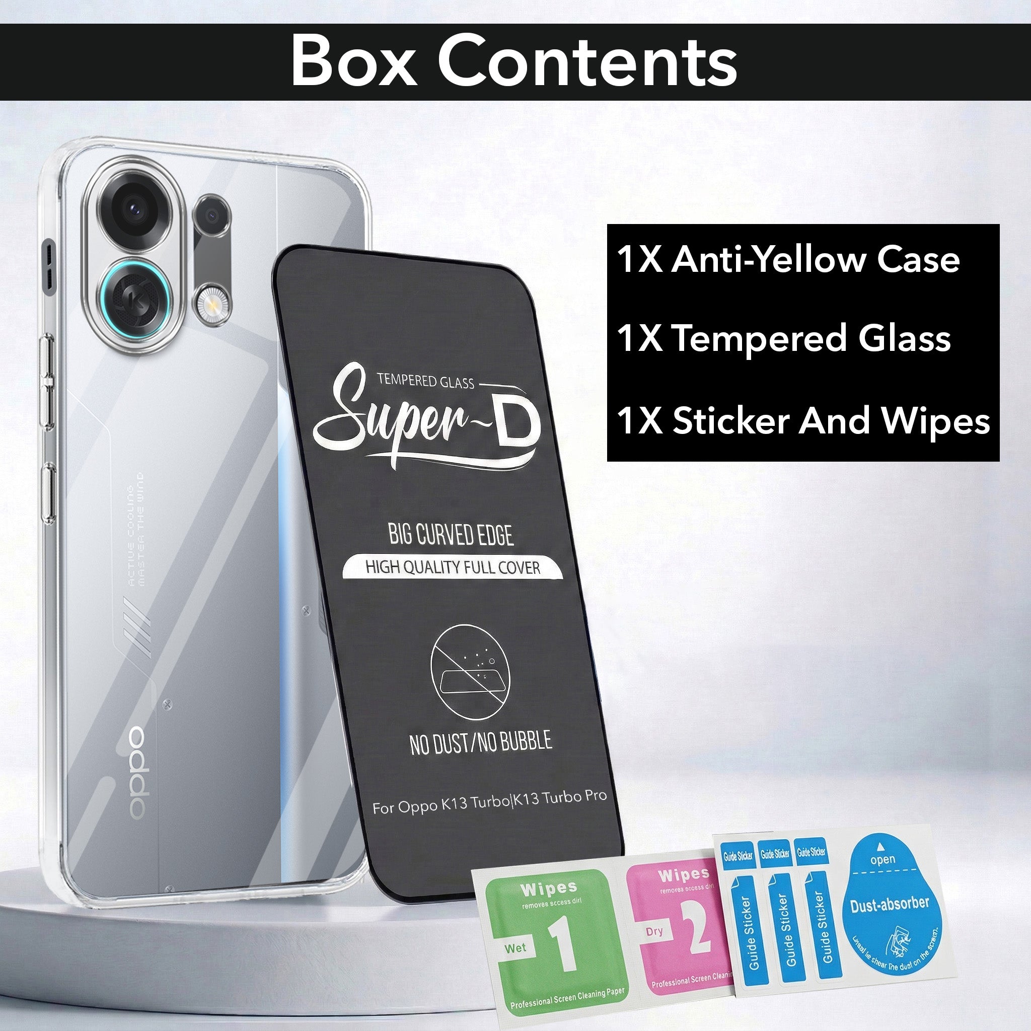 For Oppo K13 Turbo | Oppo K13 Turbo Pro Combo with Back Cover and 9H Tempered Glass (Lifetime Anti-Yellow | Sleek Hard Crystal | Oleophobic Coating Screen Glass)