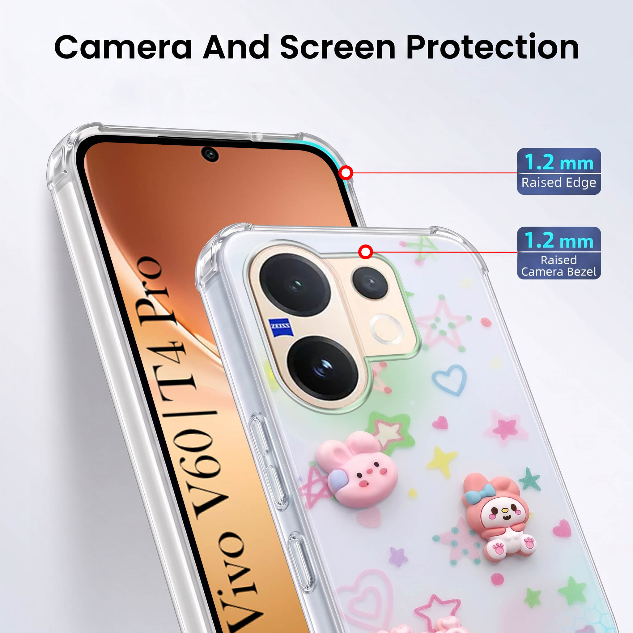 For Vivo V60 | Vivo T4 Pro Back Cover Case (3D Cute Cartoons | Hard Back Side Soft | Matte Premium Finish | HD Printing)