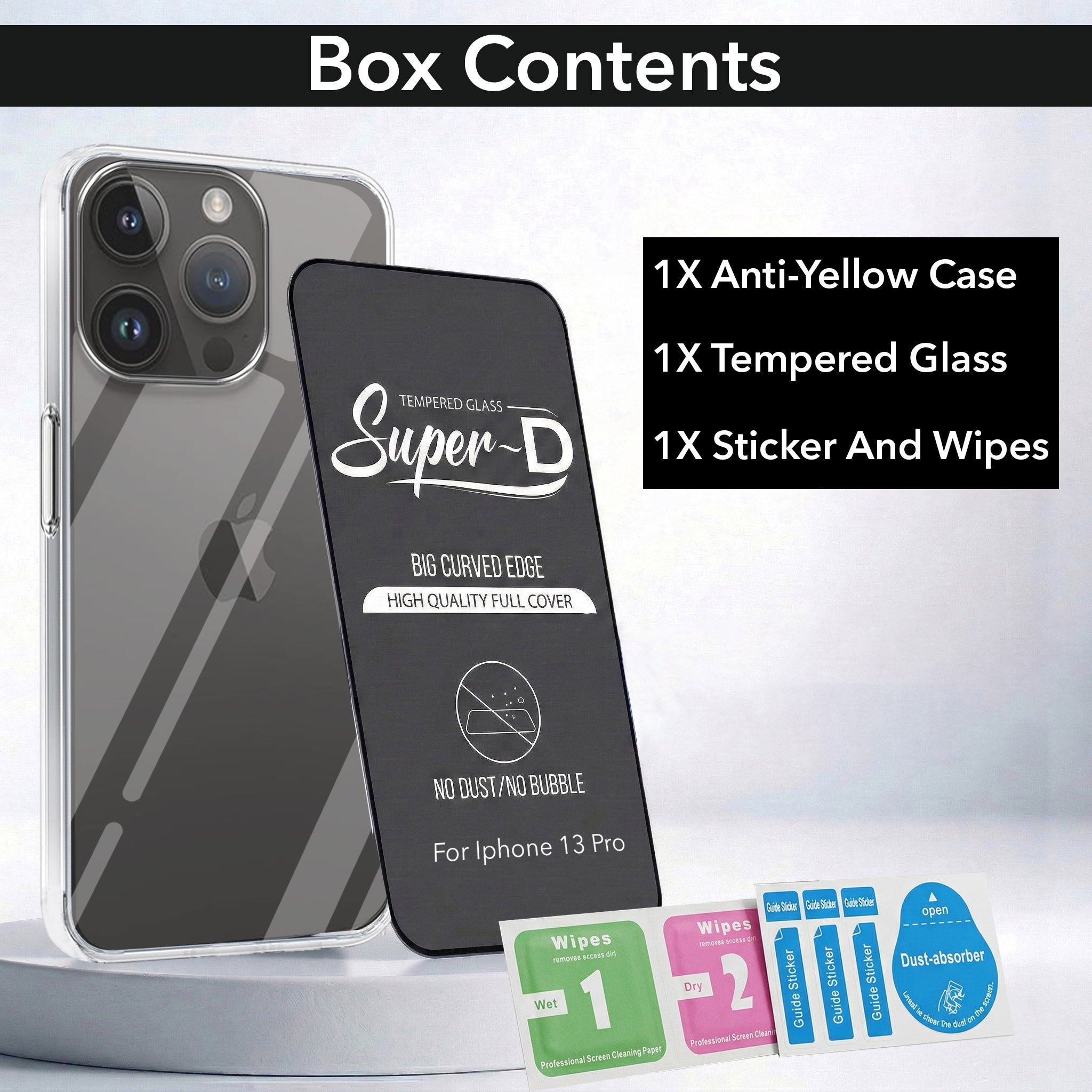For Apple iPhone 13 Pro Combo with Back Cover and 9H Tempered Glass (Lifetime Anti-Yellow | Sleek Hard Crystal | Oleophobic Coating Screen Glass)