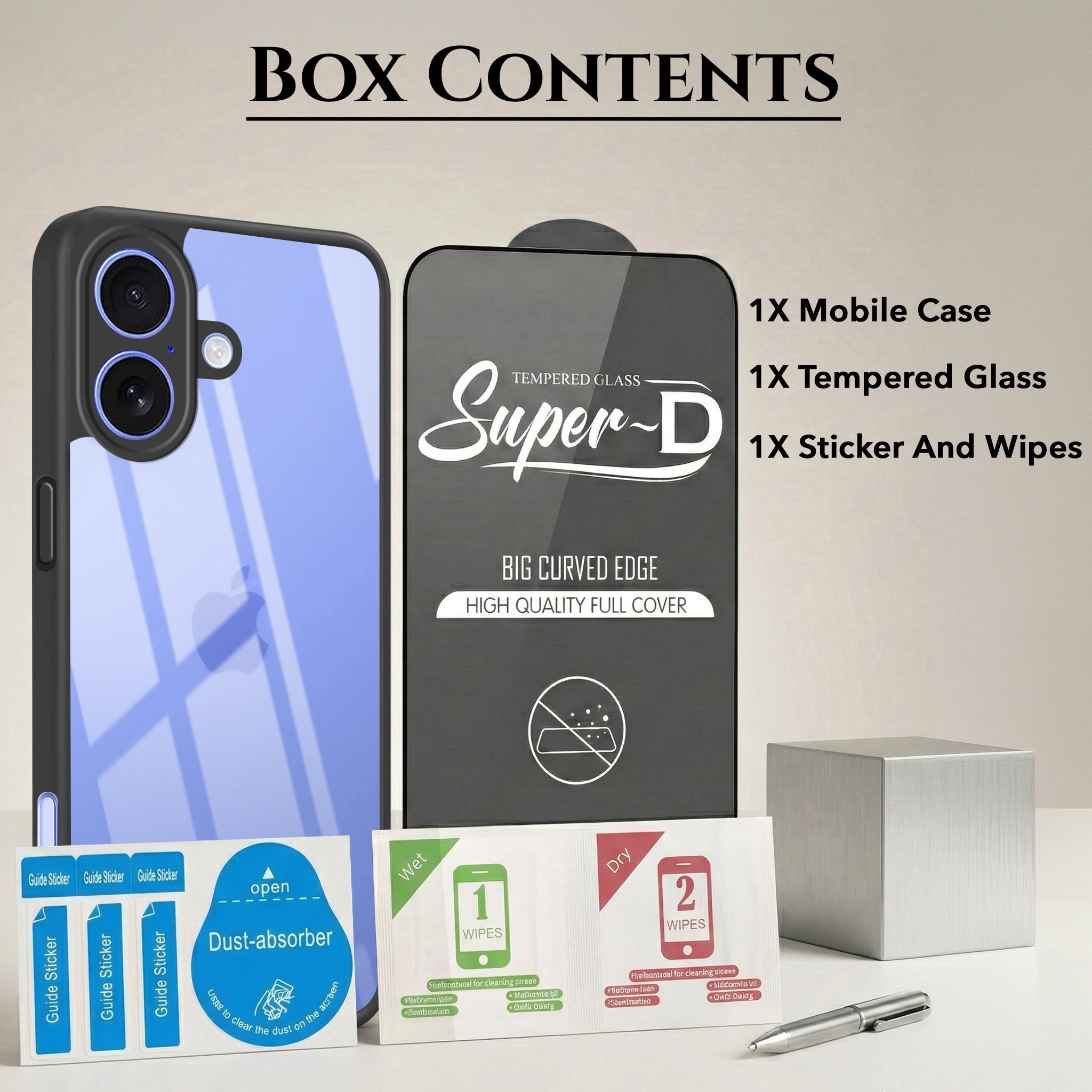 For Apple iPhone 16 Combo with Back Cover and 9H Tempered Glass (Lifetime Anti-Yellow | Crystal Clear Shockproof | Oleophobic Coating Screen Glass)