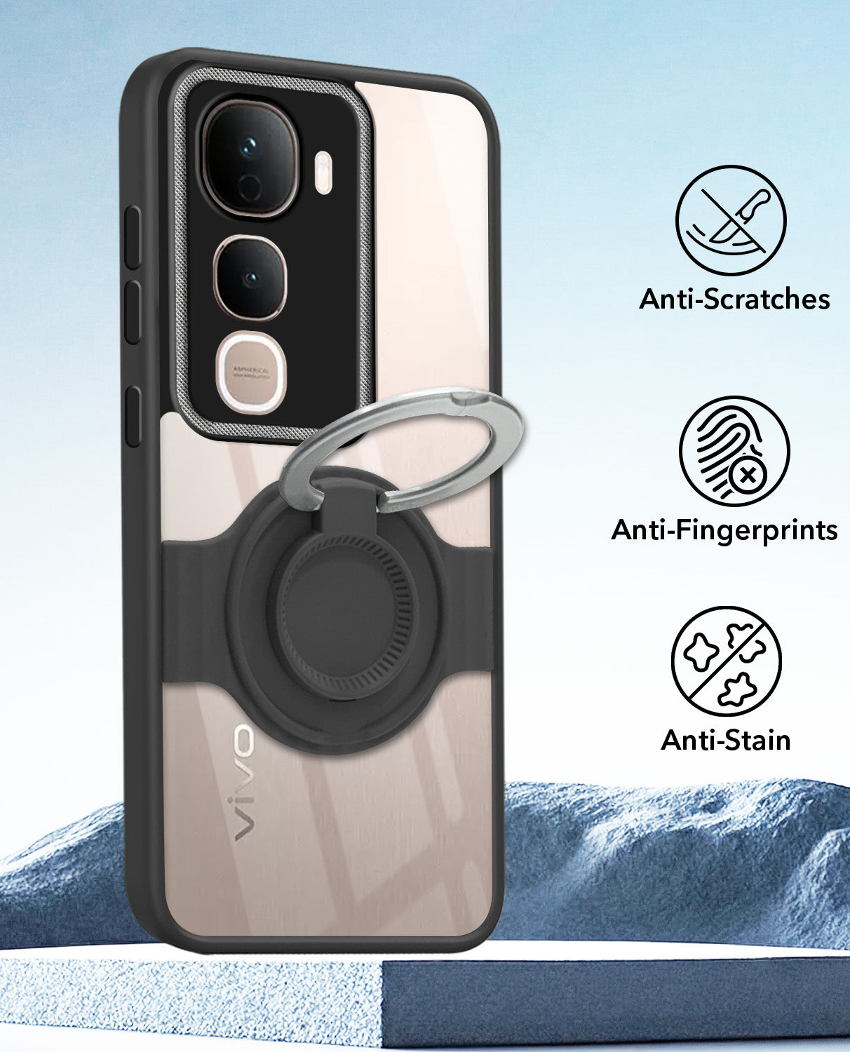 For Vivo Y400 Pro Back Cover Case with stand (Built-in Ring Holder Kickstand | Lifetime Anti Yellow | Camera Protection)