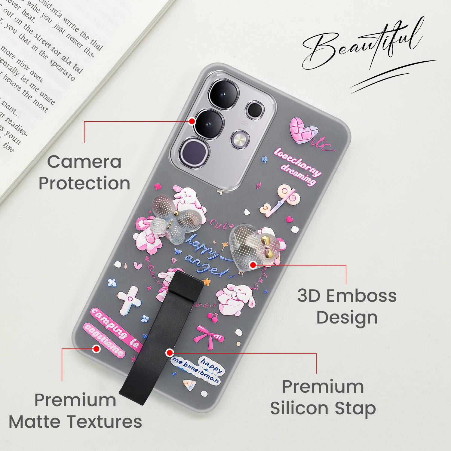For Vivo T4x | Vivo Y31 Pro Back Cover Case (3D Cute Heart Strap Holder | Camera Protection | Designer Girls Print)