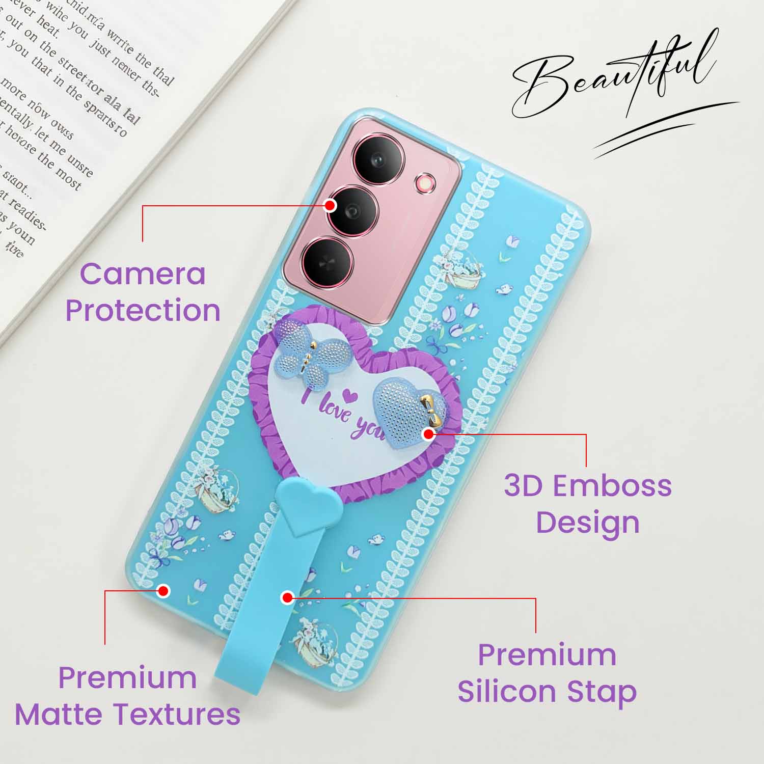 For Realme 14X Back Cover Case (3D Cute Heart Strap Holder | Camera Protection | Designer Girls Print)