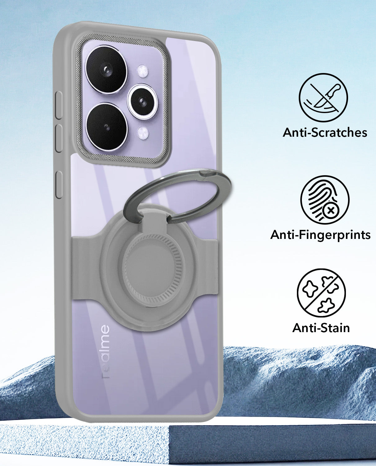 For Realme 15 Pro Back Cover Case with stand (Built-in Ring Holder Kickstand | Lifetime Anti Yellow | Camera Protection)