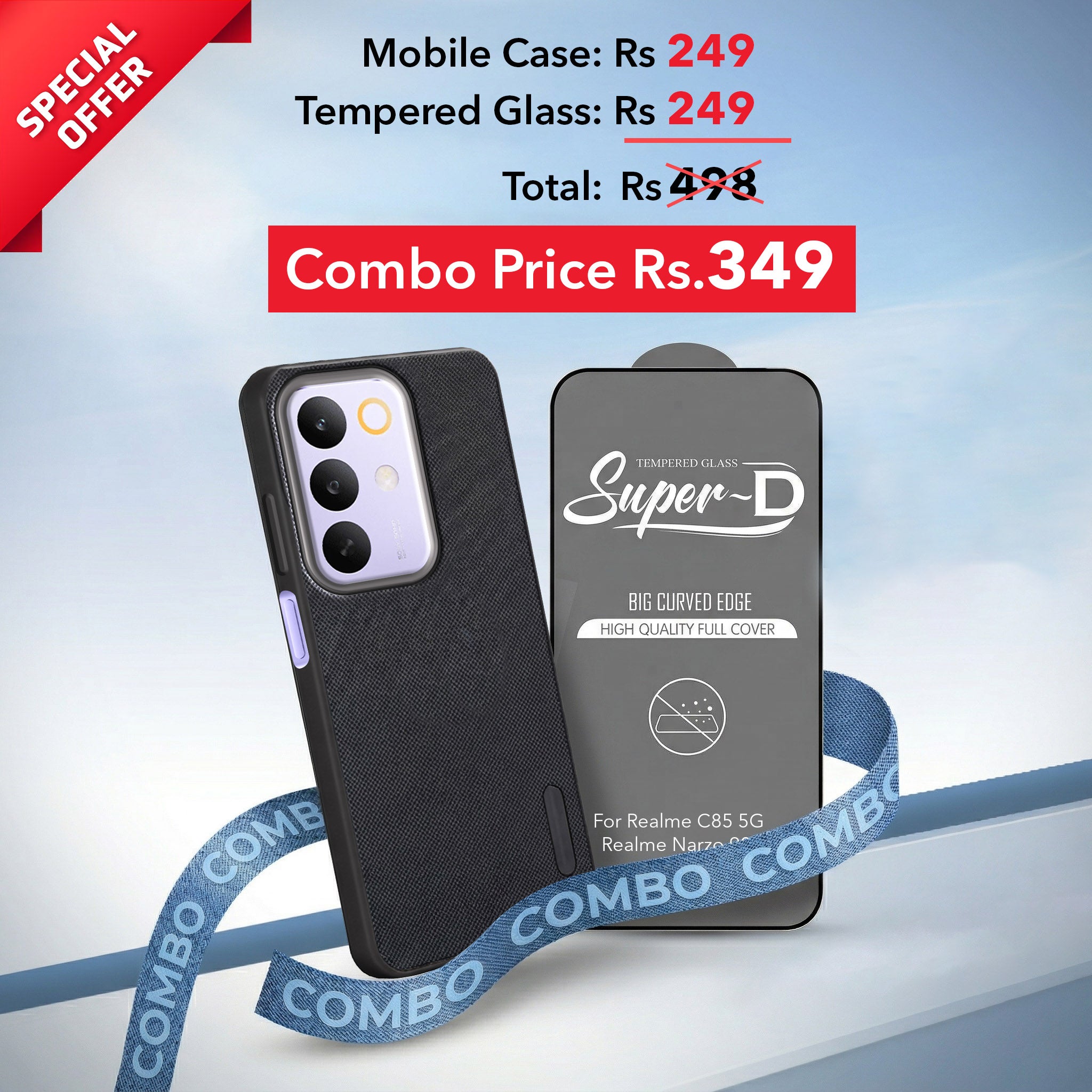 For Realme C85 5G | Realme Narzo 90x Combo with Back Cover and 9H Tempered Glass (Textured Grip Design | Micro-Fiber Cloth Inside | Oleophobic Coating Screen Glass)